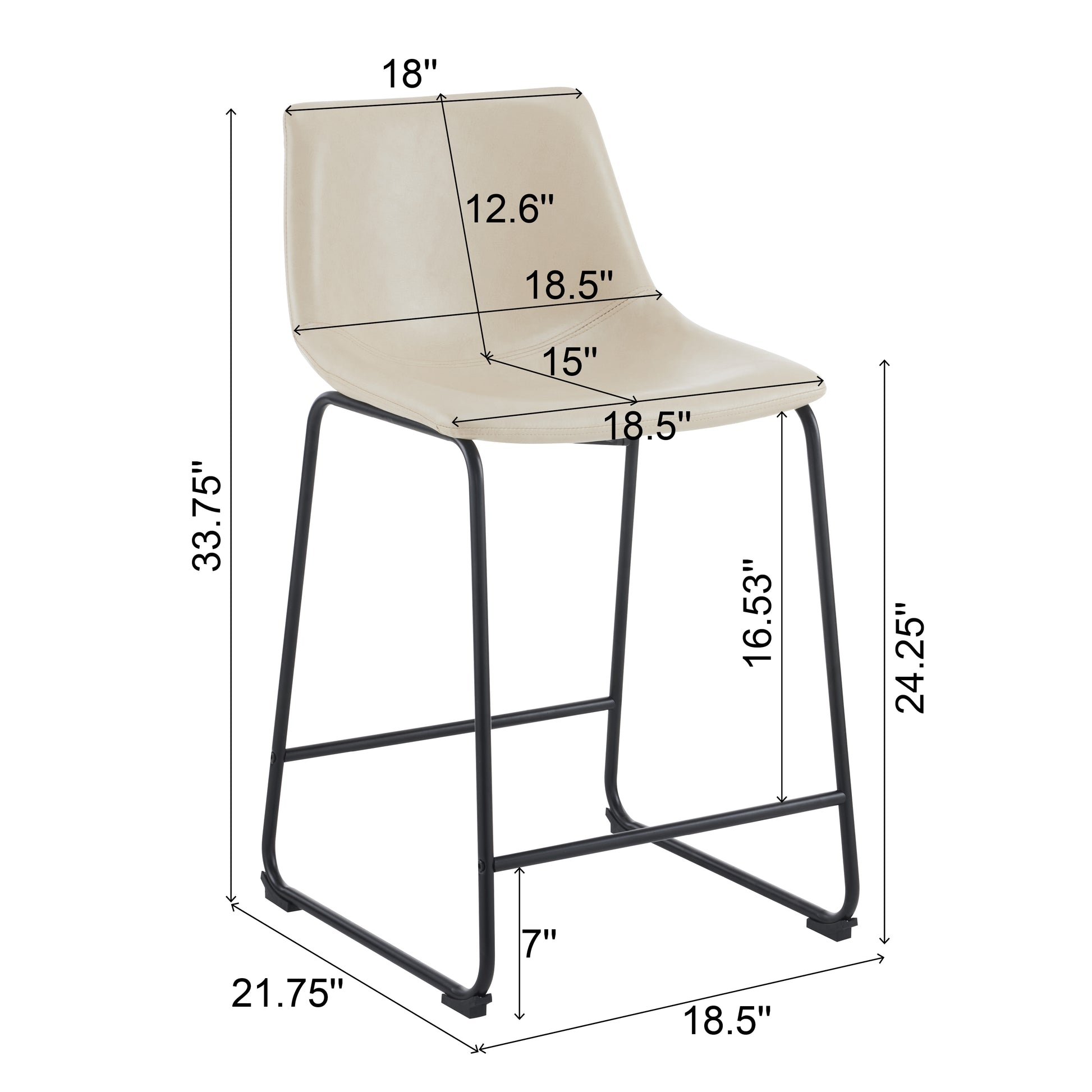 Cream faux leather counter stool with black metal legs and dimensions