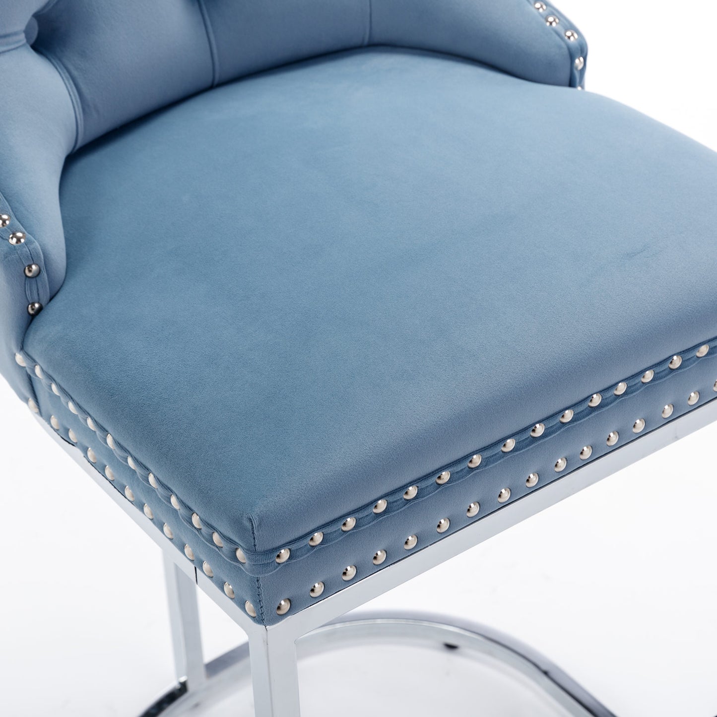 Dusty blue velvet bar stool with silver nailhead trim