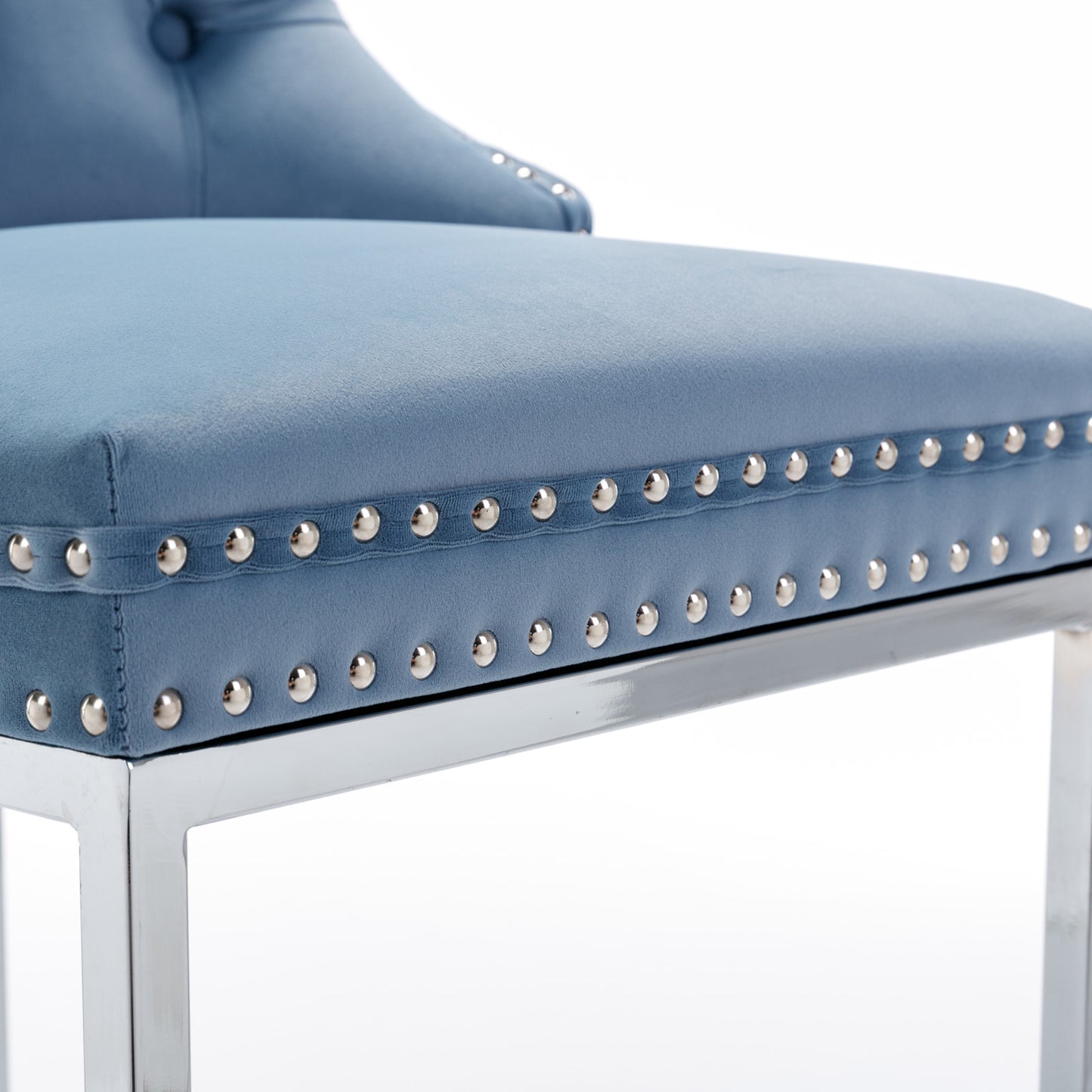 Light blue velvet bar stool seat with silver nailhead trim