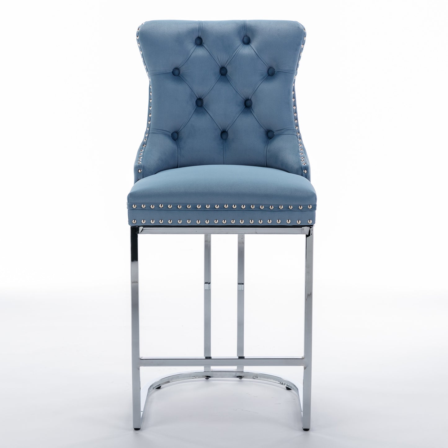 Blue velvet tufted bar stool with chrome legs and silver nailhead trim