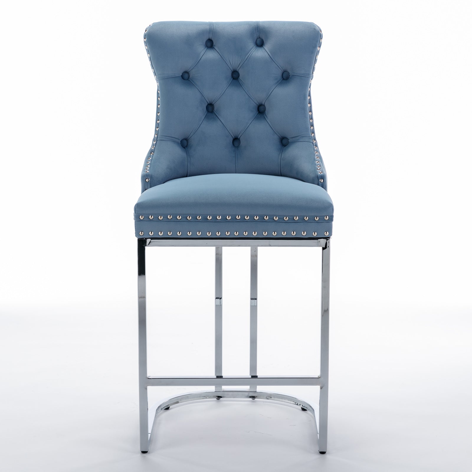 Blue velvet tufted bar stool with chrome legs and silver nailhead trim