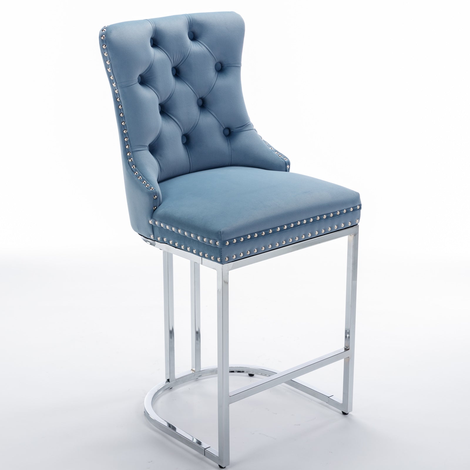 Blue velvet tufted bar stool with silver nailhead trim and chrome legs