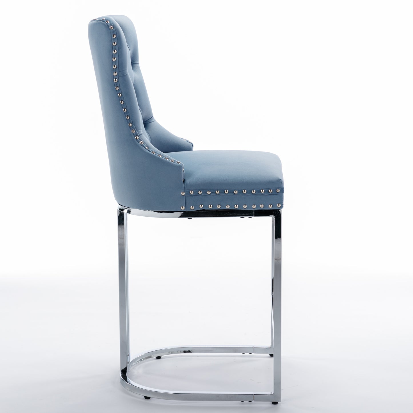 Sky blue velvet accent chair with silver nailhead trim and chrome legs