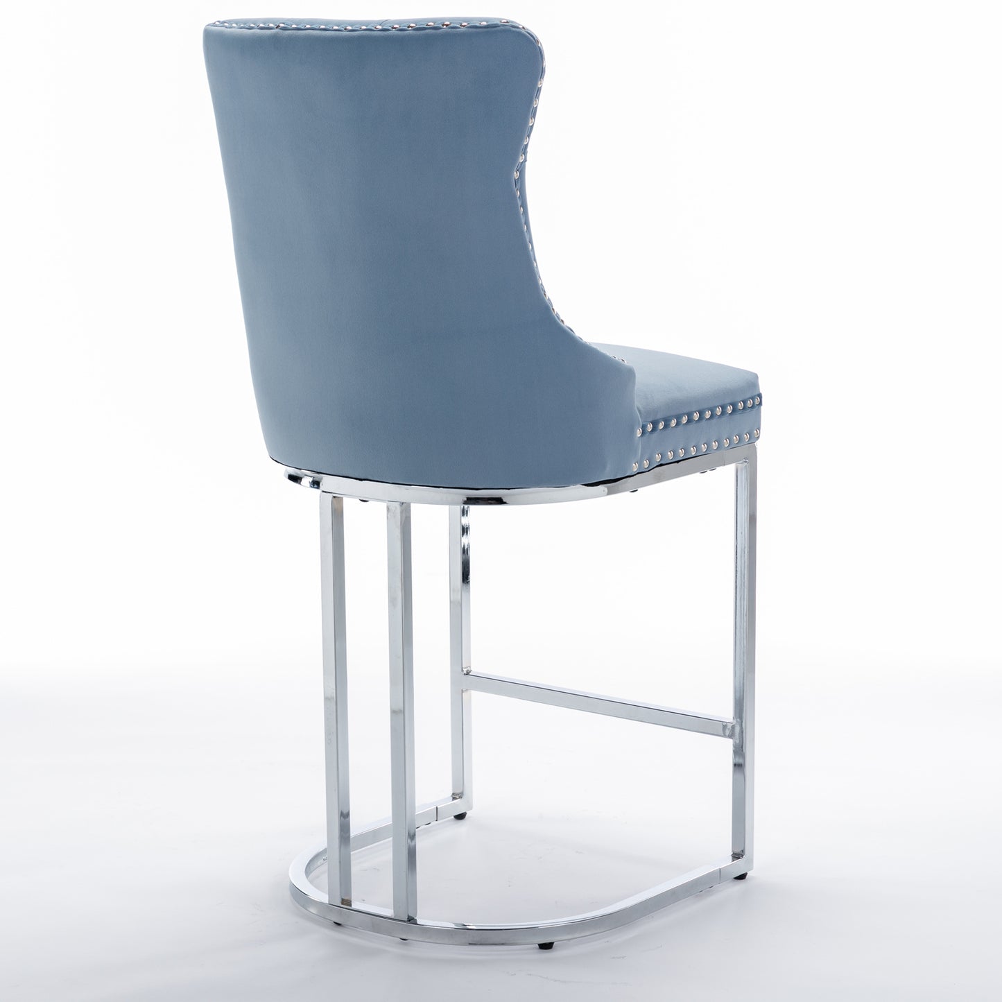 Dusty blue velvet bar stool with silver nailhead trim and chrome legs