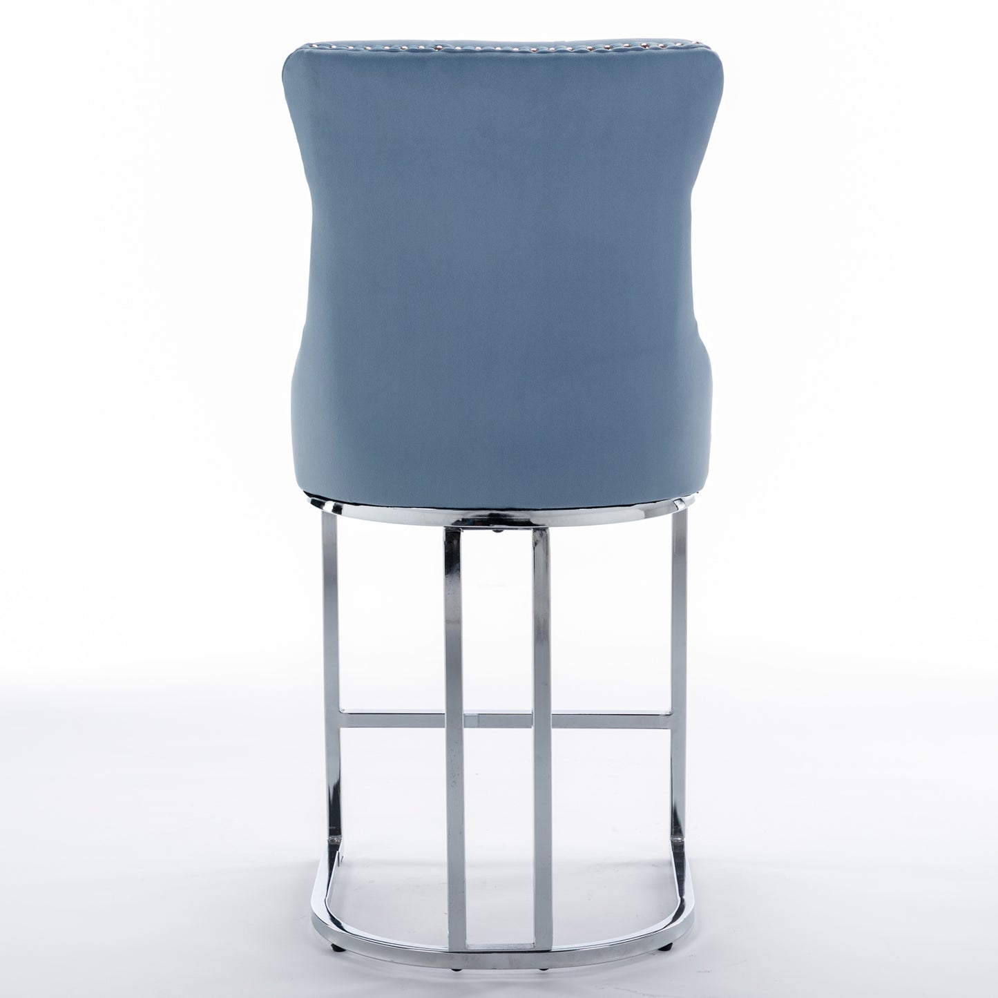 Blue velvet bar stool with silver stud accents and chrome base