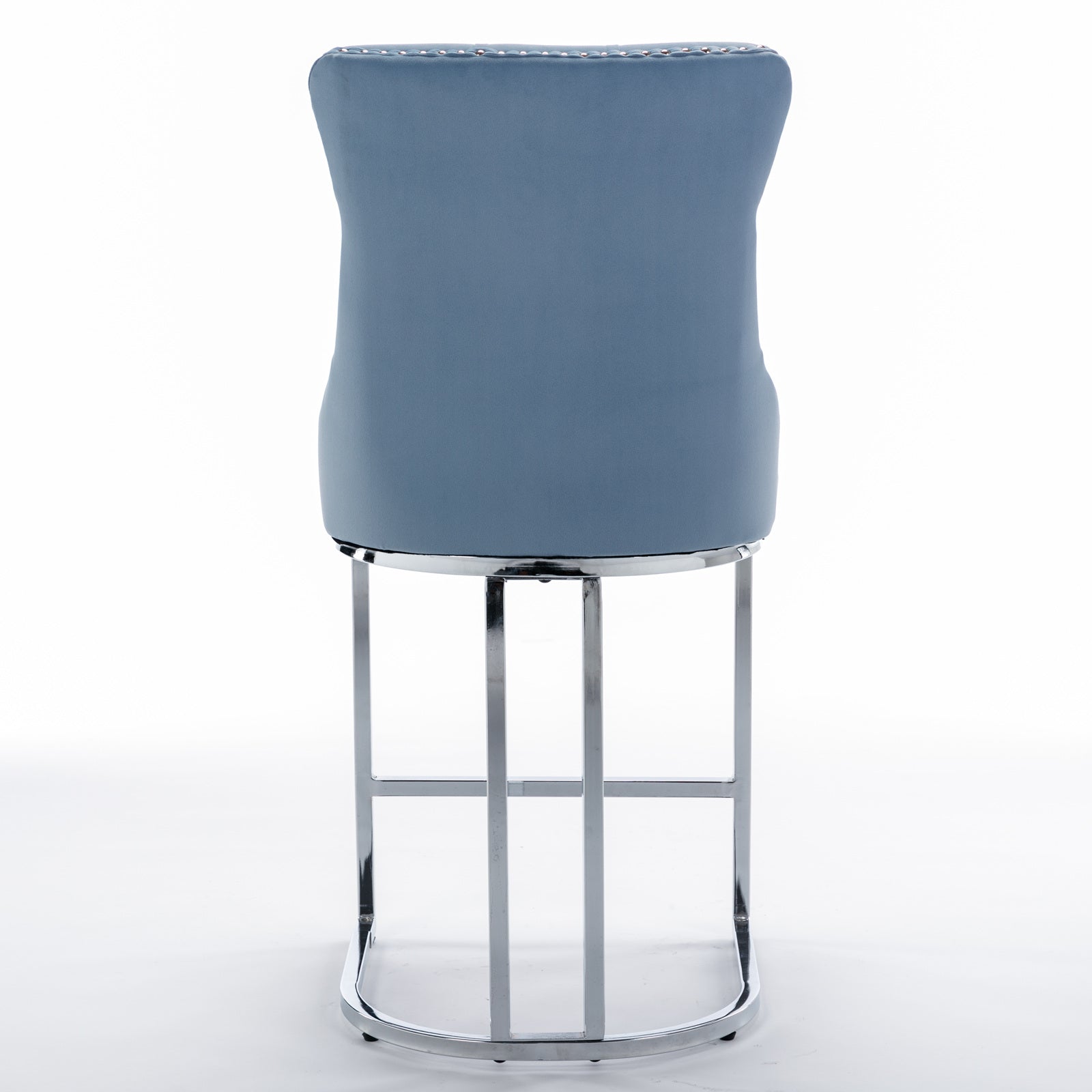 Blue velvet bar stool with silver stud accents and chrome base