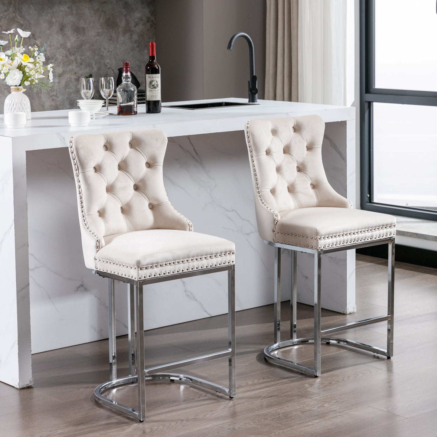 Cream velvet tufted bar stool with silver nailhead trim and chrome legs
