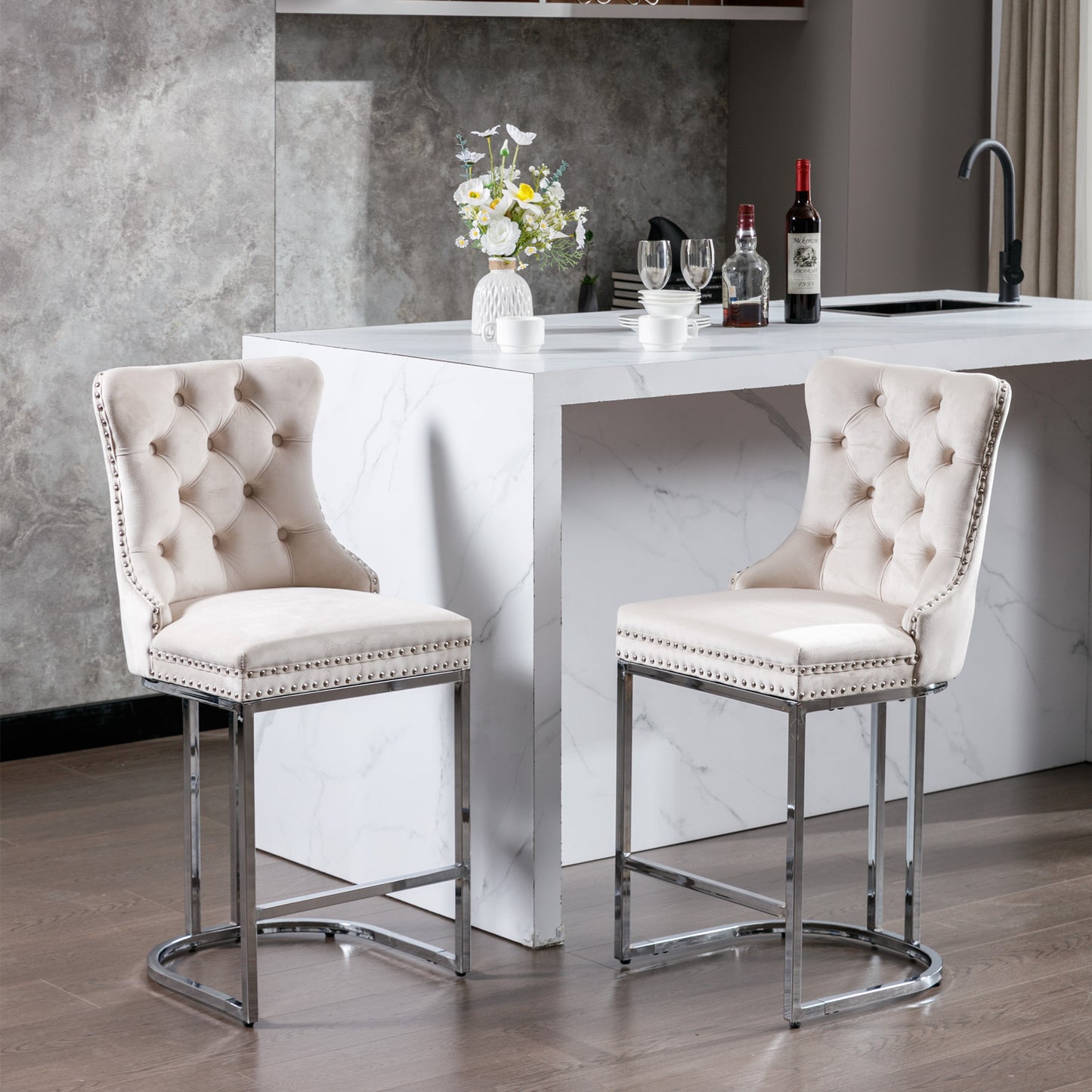 Cream velvet tufted bar stool with silver nailhead trim and chrome legs