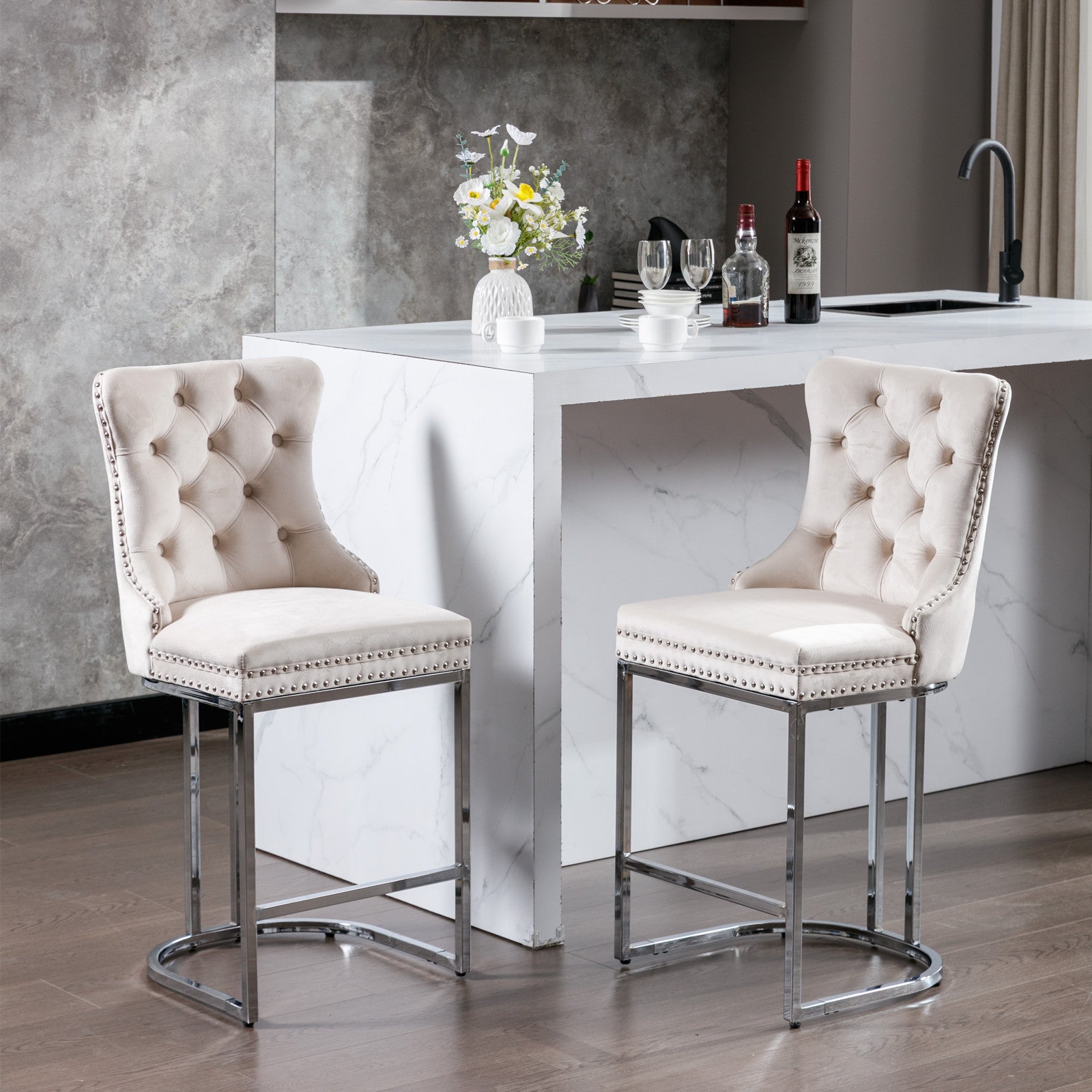 Cream velvet tufted bar stool with silver nailhead trim and chrome legs