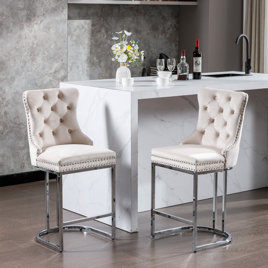 Cream velvet tufted bar stool with silver nailhead trim and chrome legs