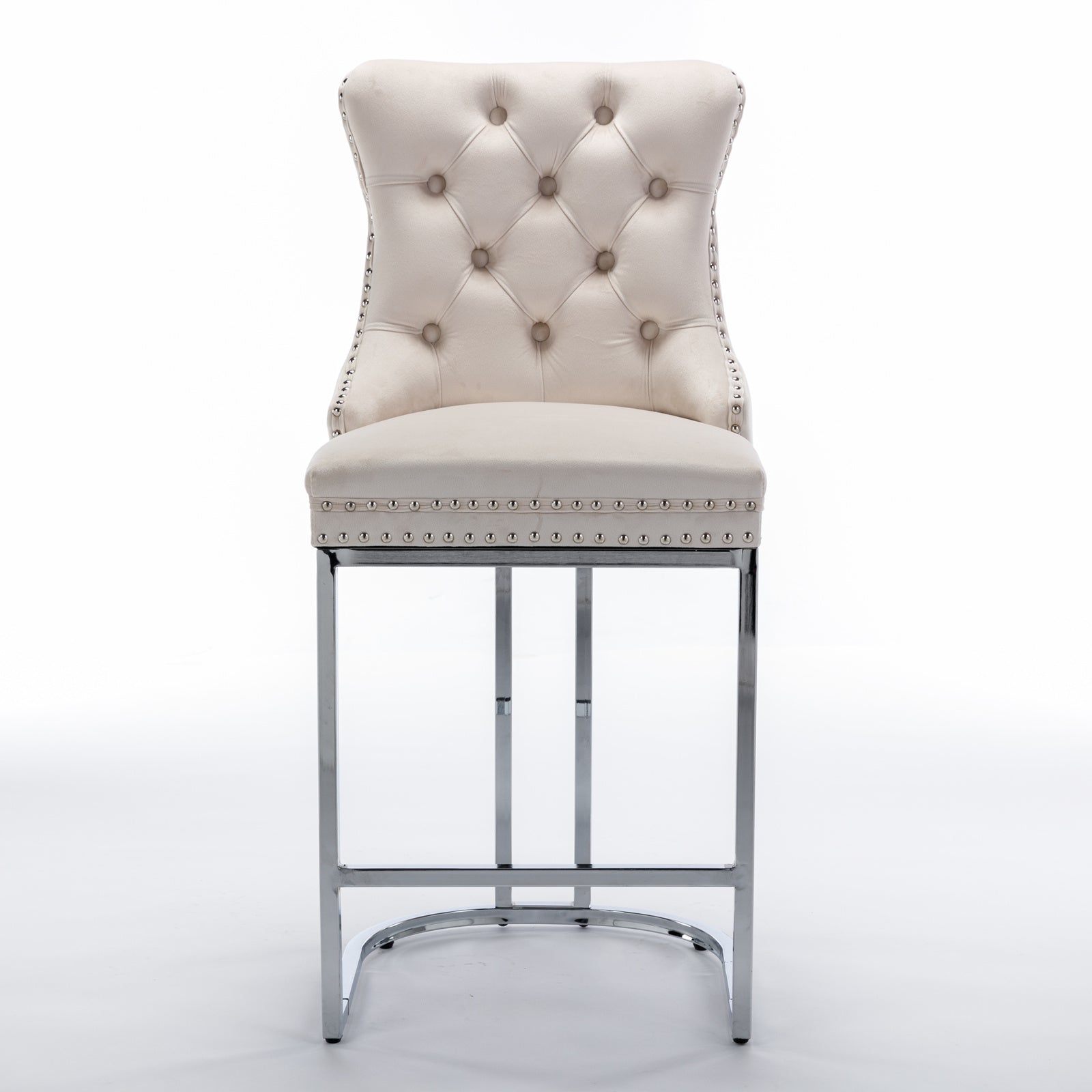 Cream velvet tufted bar stool with silver nailhead trim and chrome legs