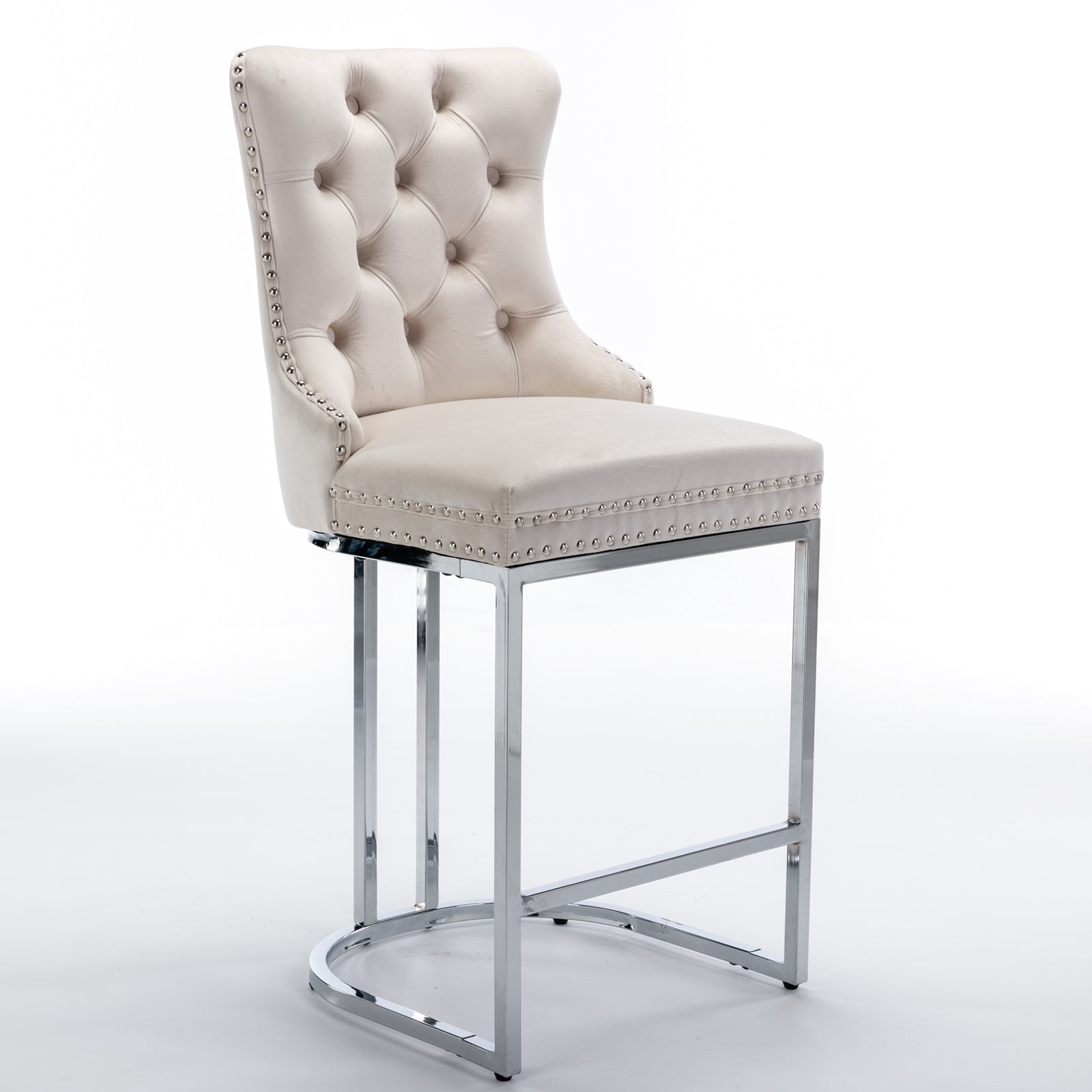 Cream velvet tufted bar stool with silver nailhead trim and chrome base