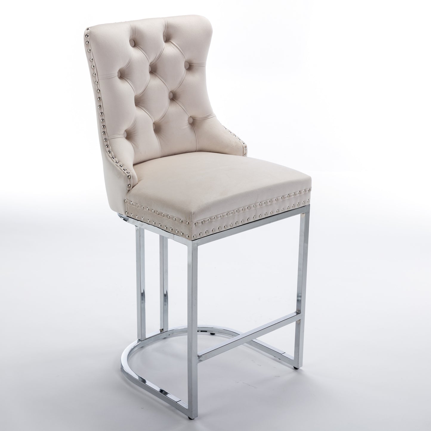 Cream velvet tufted bar stool with silver nailhead trim and chrome base
