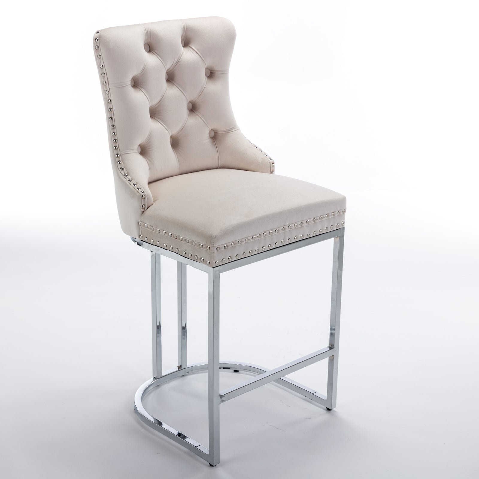 Cream velvet tufted bar stool with silver nailhead trim and chrome base