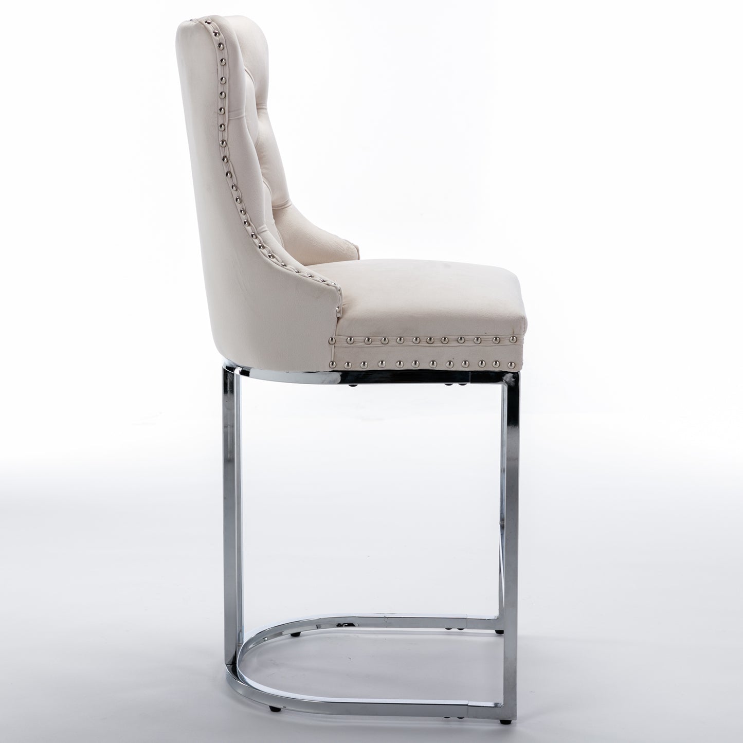Cream velvet tufted bar stool with silver nailhead trim and chrome legs