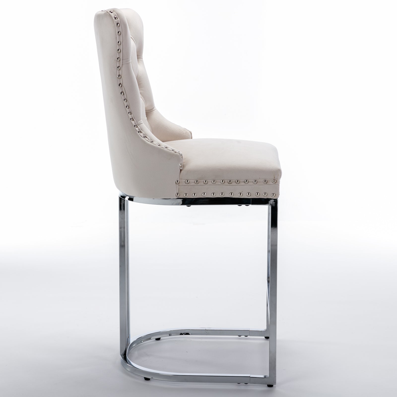 Cream velvet tufted bar stool with silver nailhead trim and chrome legs