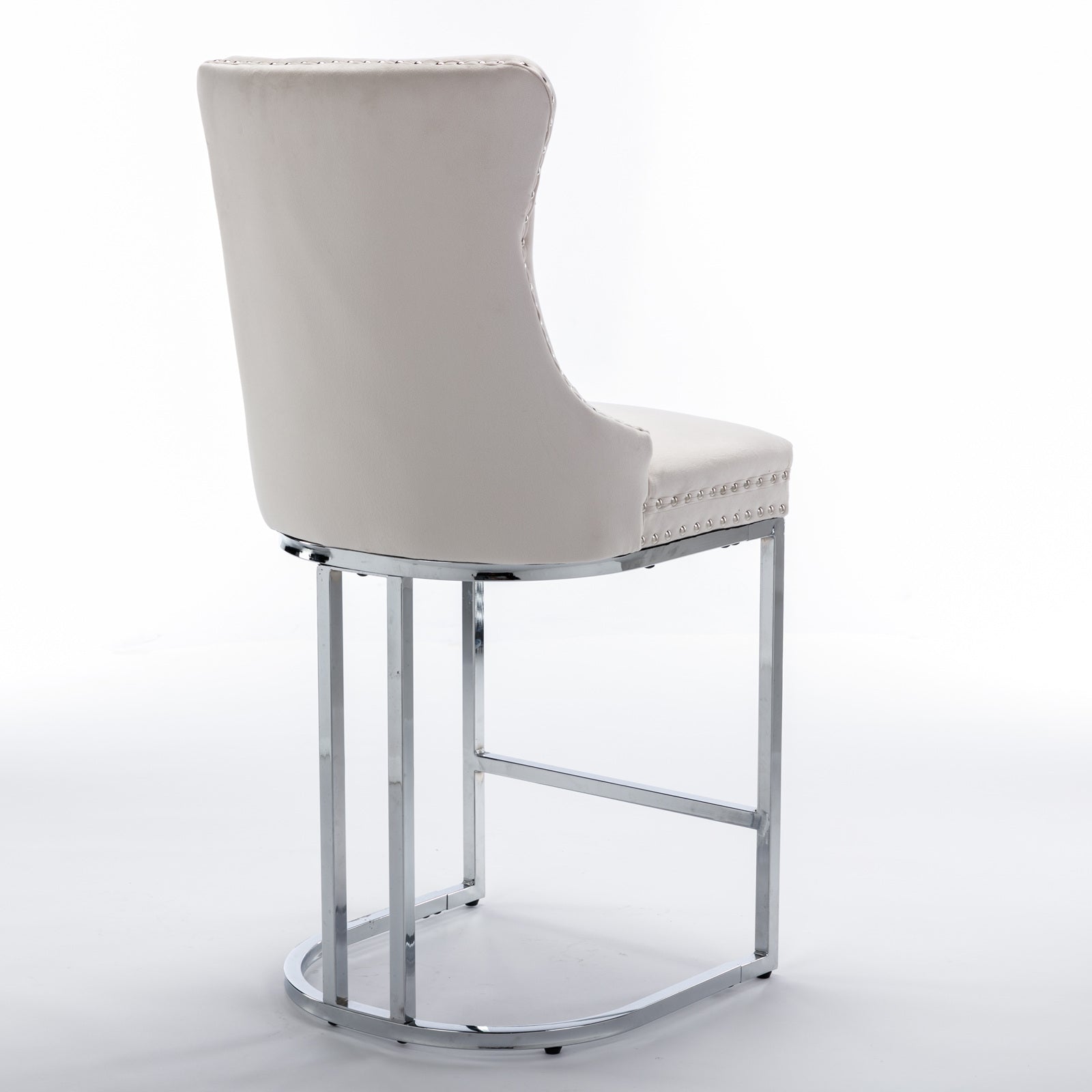 Cream velvet bar stool with studded back and polished chrome legs