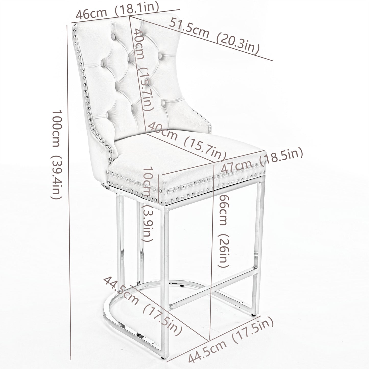 White tufted velvet bar stool with chrome legs and silver nailhead trim
