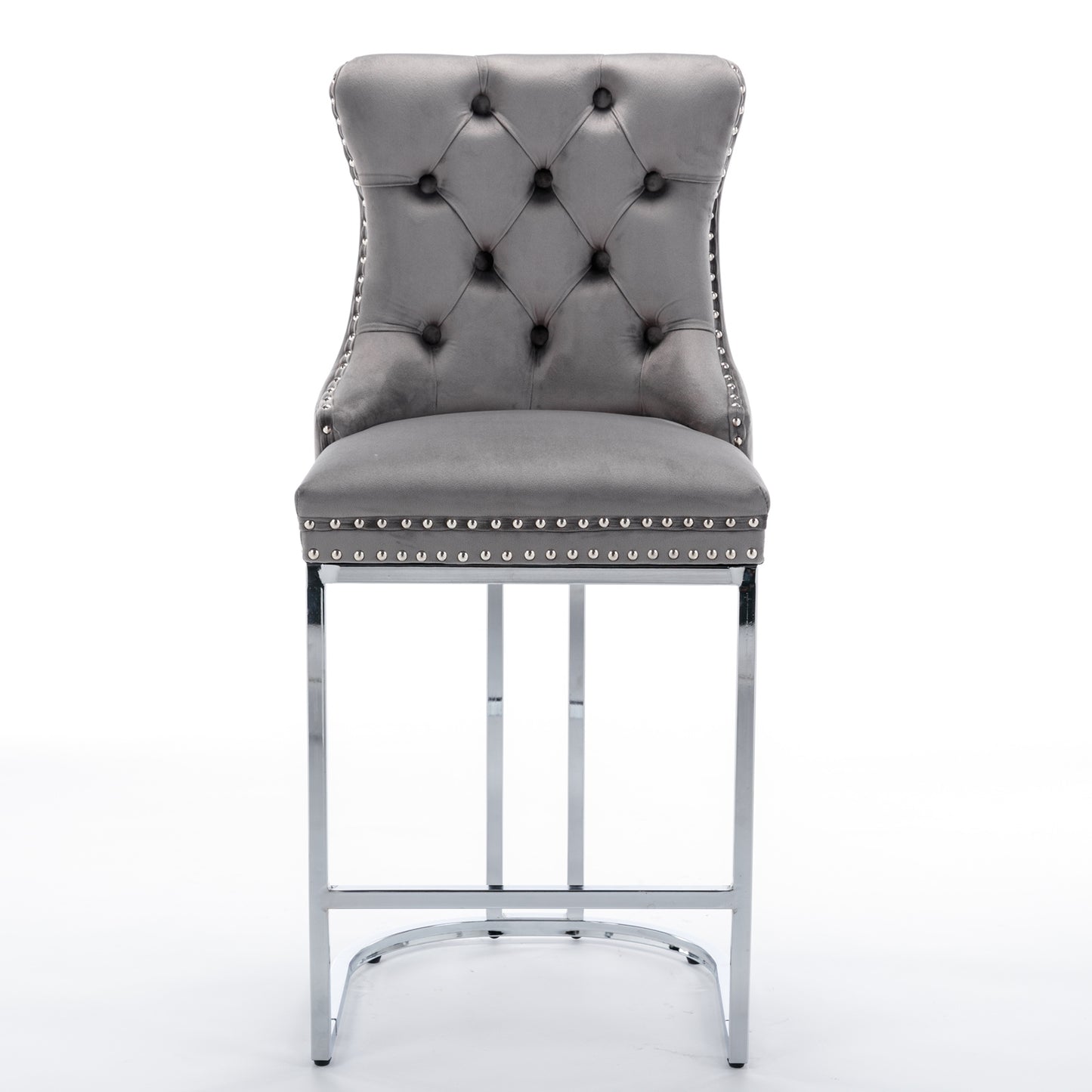 Elegant grey velvet bar stool with diamond tufting and silver nailhead trim