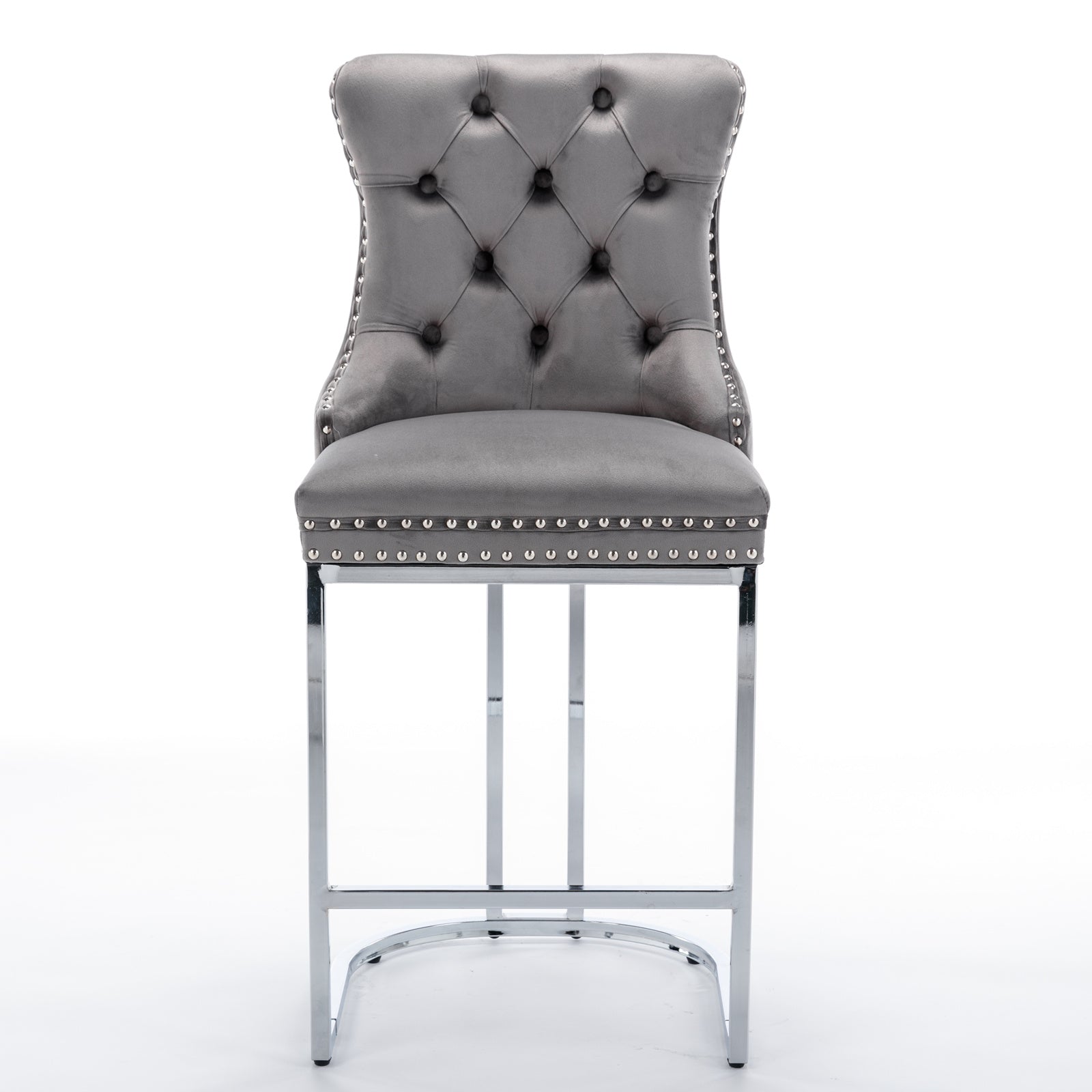 Elegant grey velvet bar stool with diamond tufting and silver nailhead trim