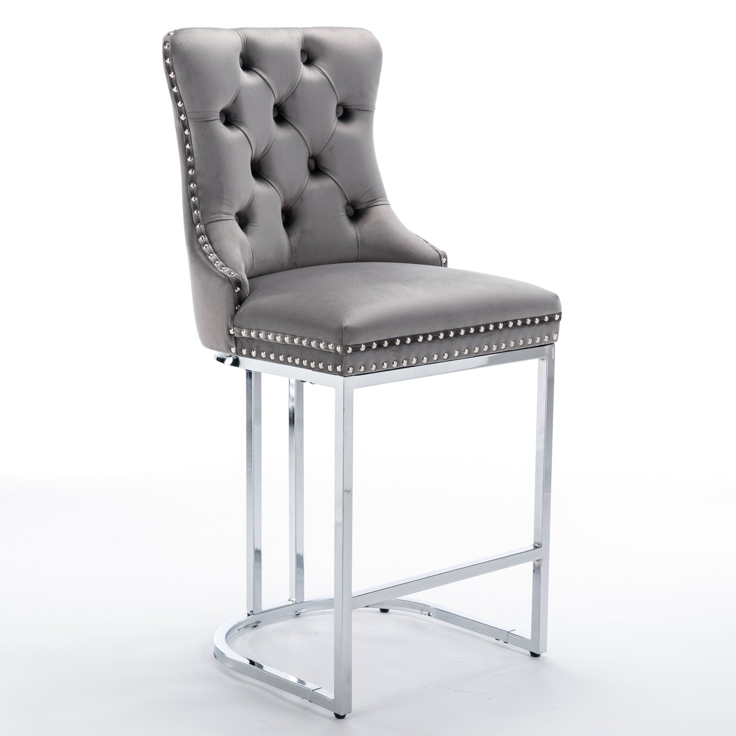 Grey velvet tufted bar stool with silver nailhead trim and chrome legs
