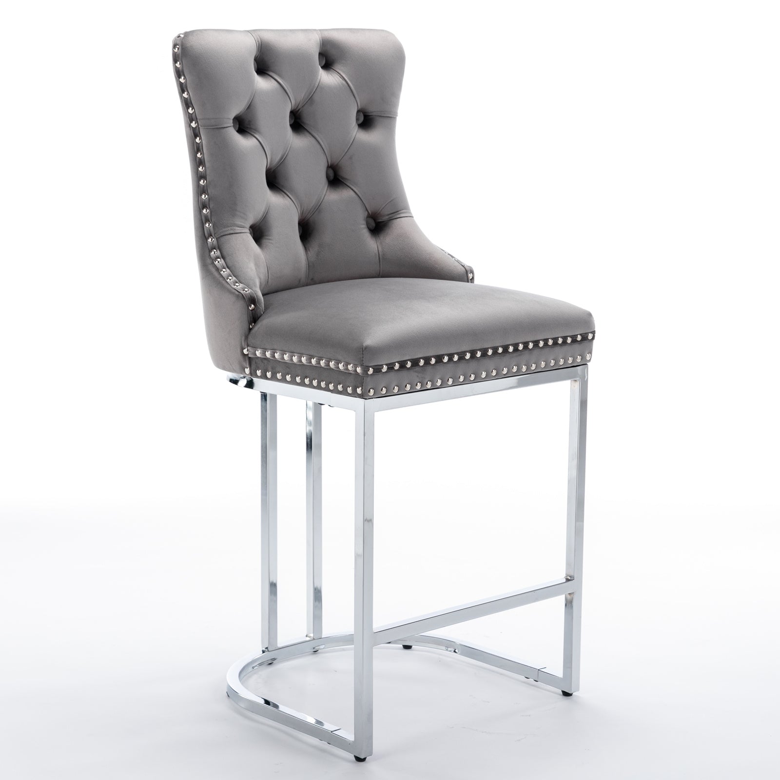 Grey velvet tufted bar stool with silver nailhead trim and chrome legs