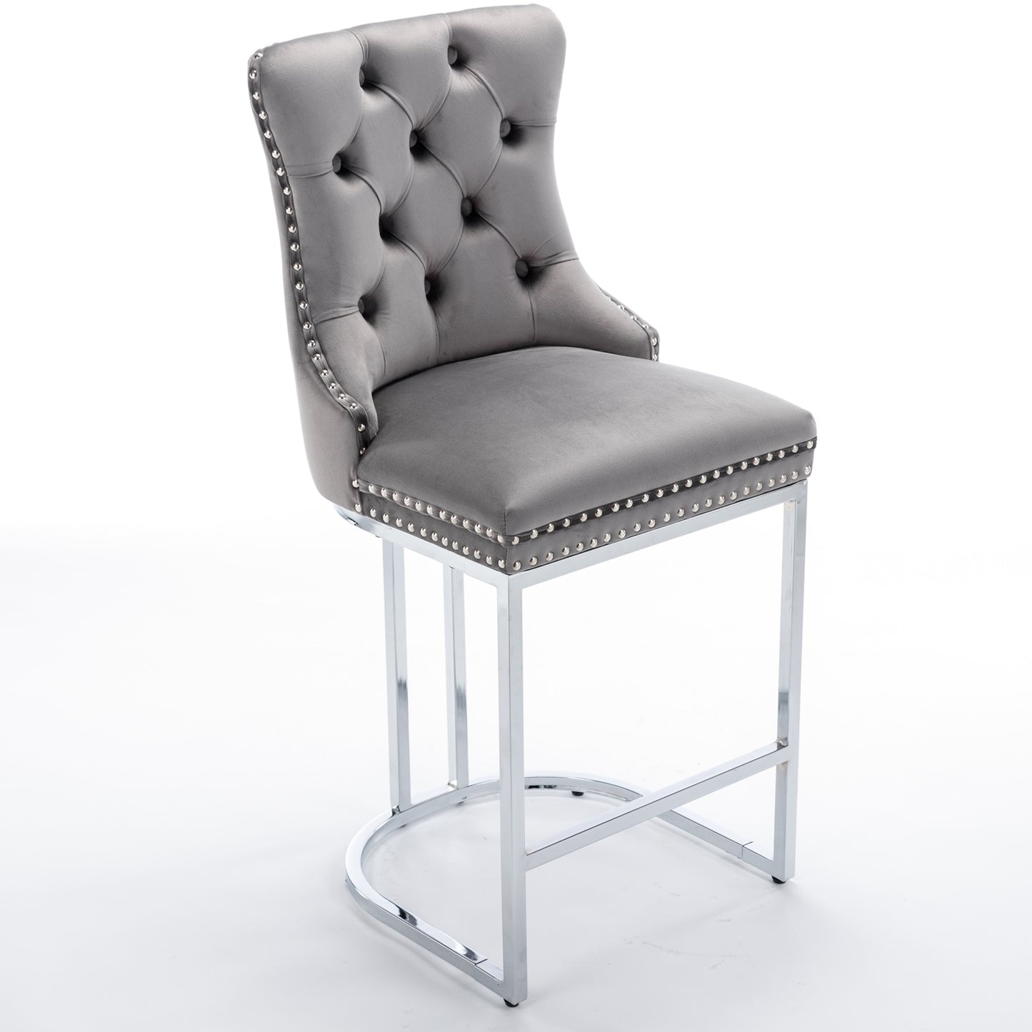 Grey velvet tufted bar stool with chrome legs and silver nailhead trim