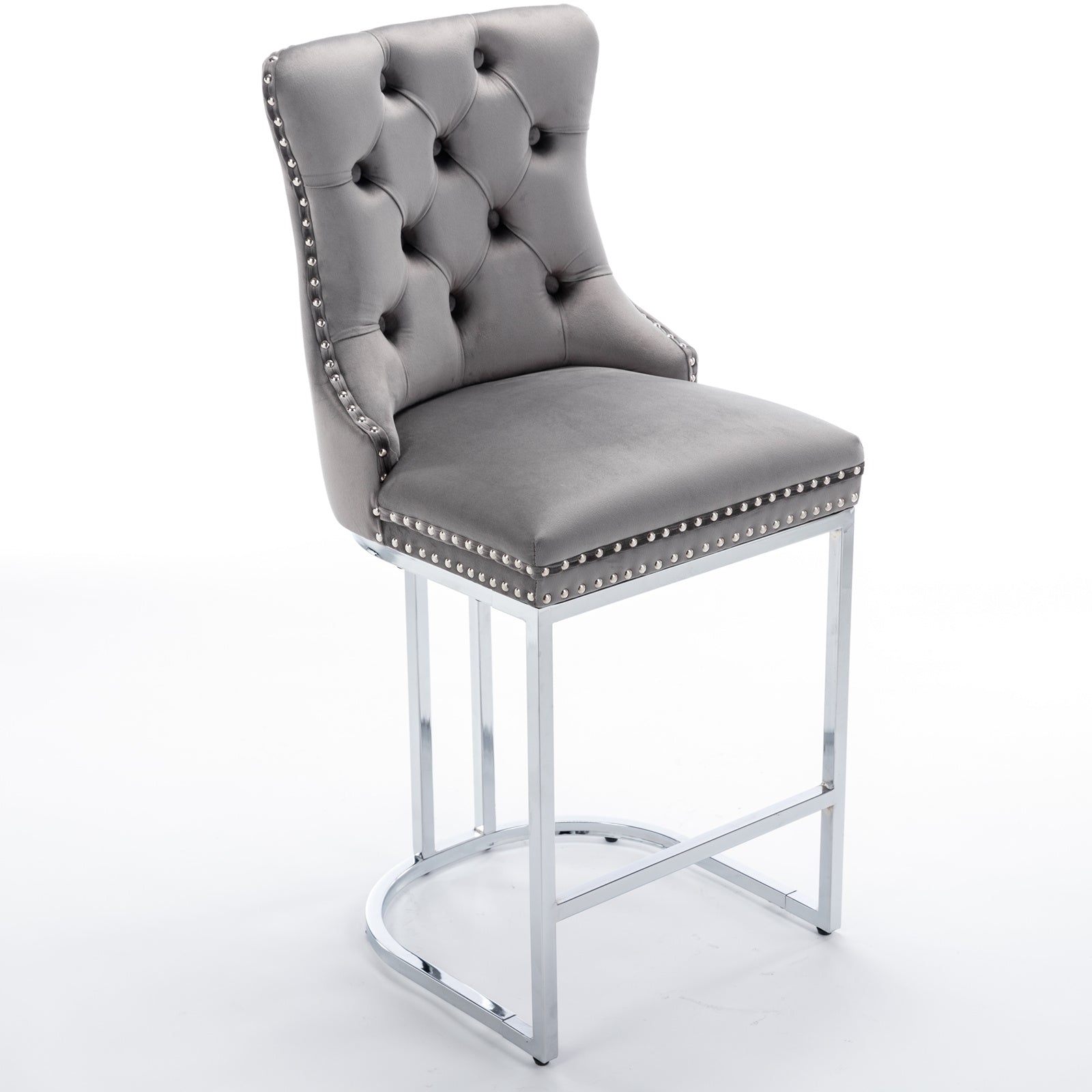 Grey velvet tufted bar stool with chrome legs and silver nailhead trim