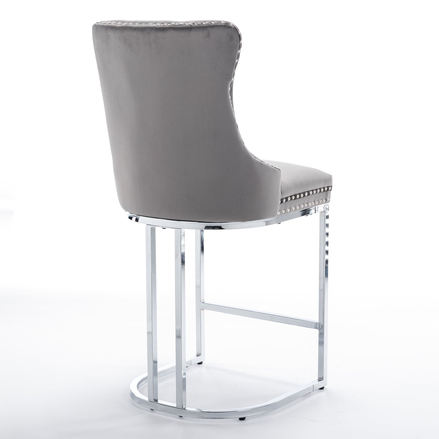 Grey velvet bar stool with diamond tufting and silver nailhead trim