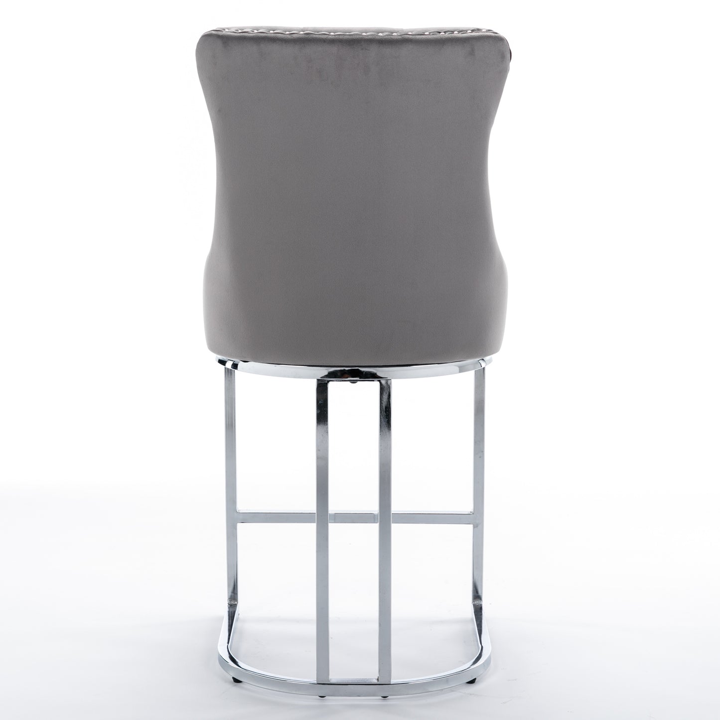Gray velvet bar stool with tufted back and chrome legs
