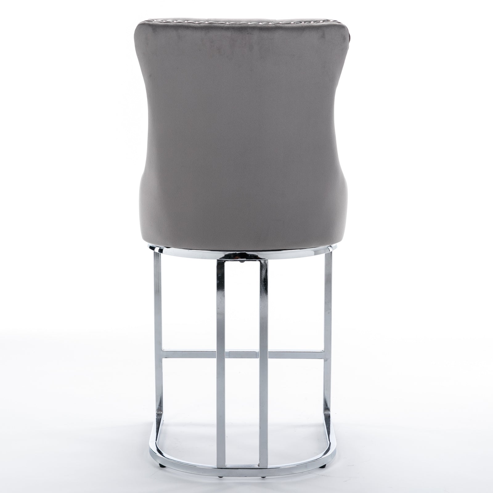 Gray velvet bar stool with tufted back and chrome legs