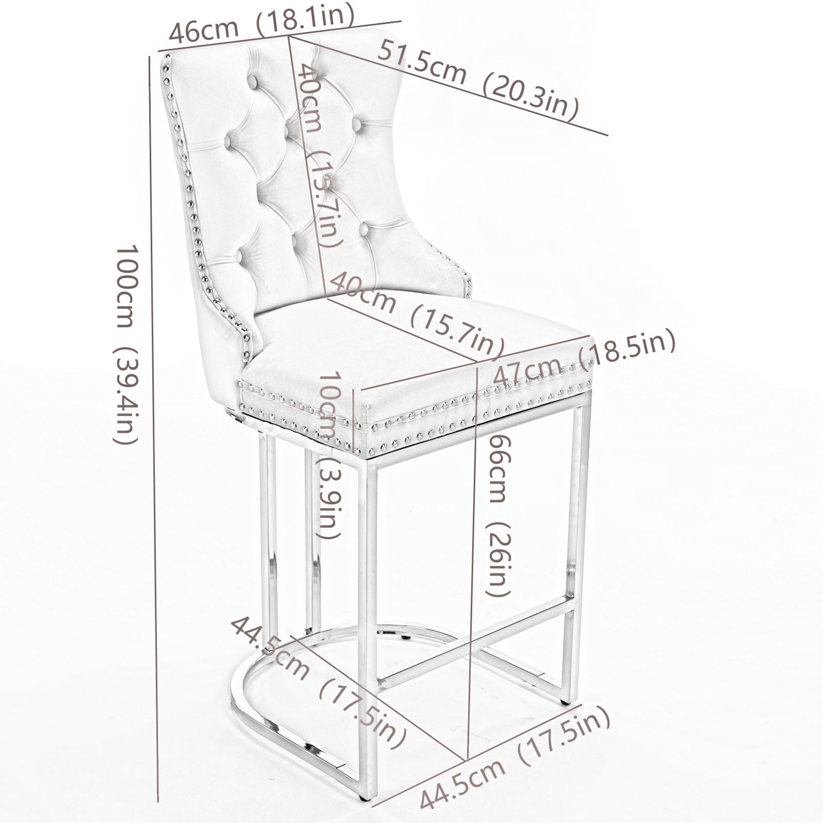 White velvet tufted bar stool with silver nailhead trim and chrome legs cm height