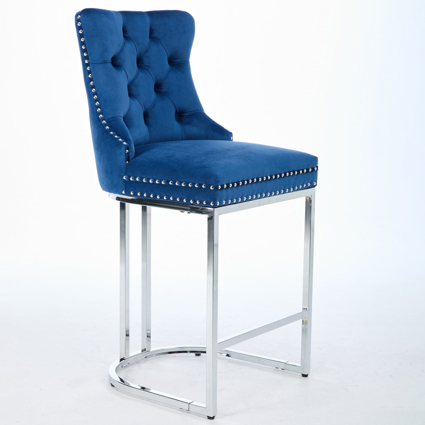 Royal blue velvet bar stool with tufted back and silver nailhead trim