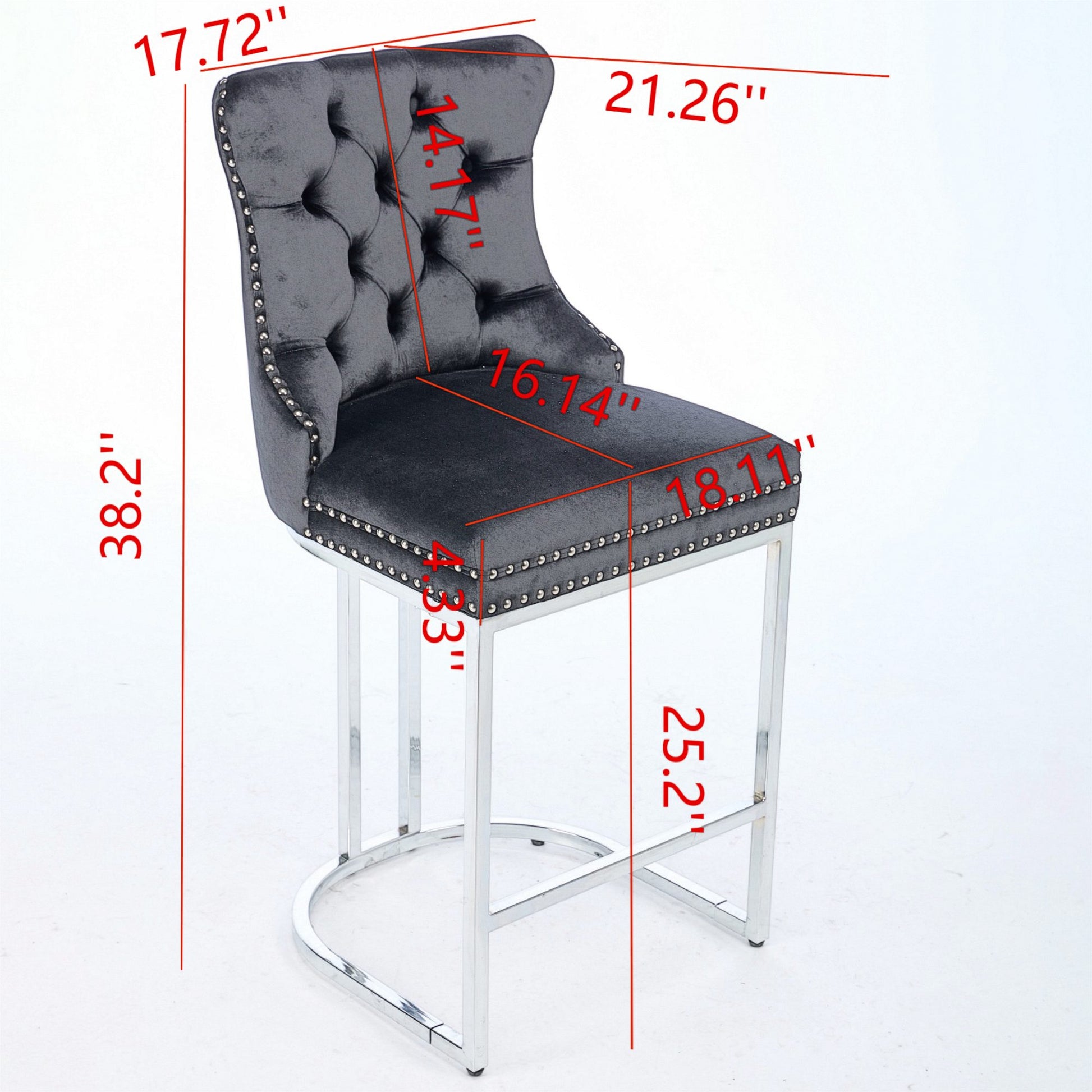 Tufted grey velvet bar stool with silver nailhead trim and chrome base