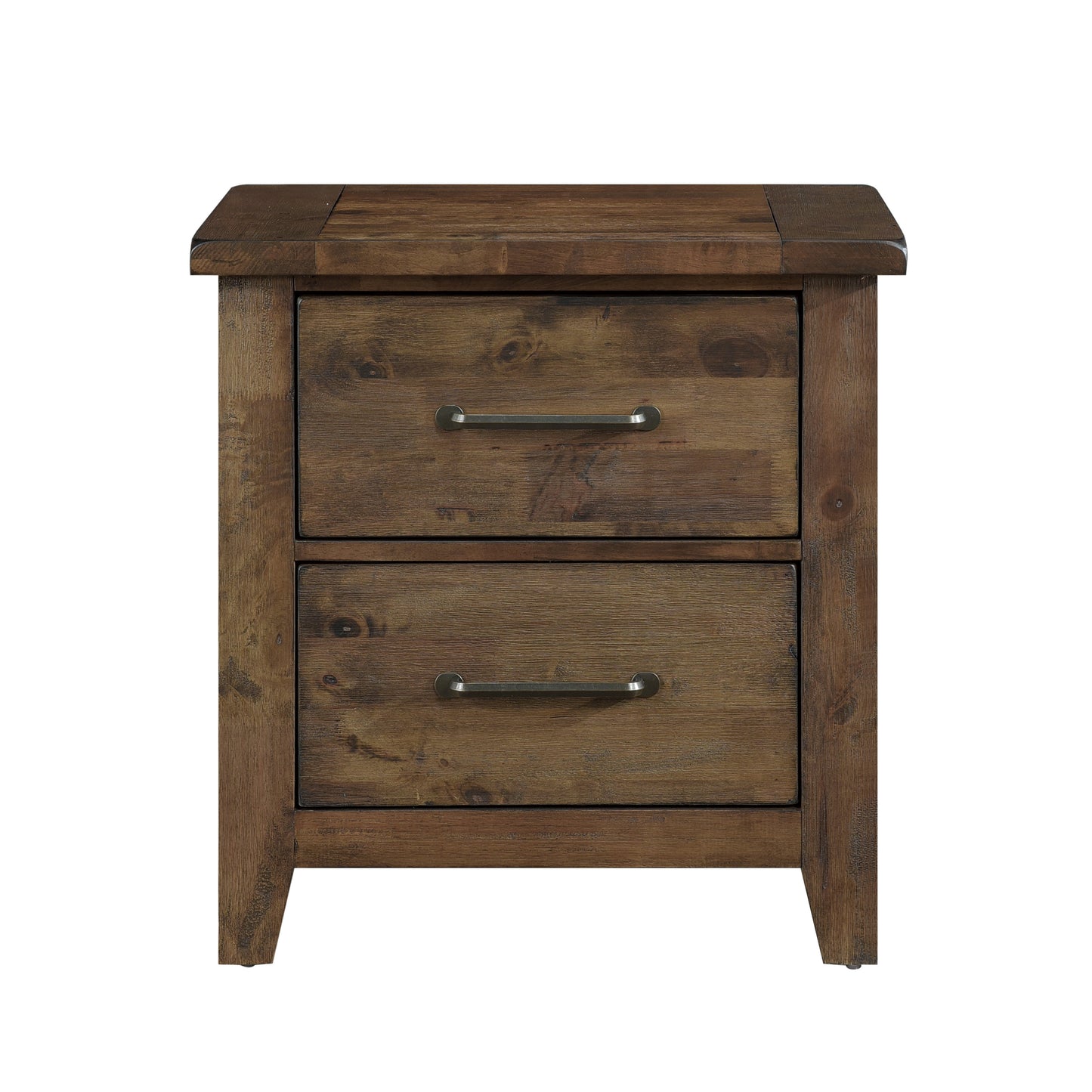 Rustic brown wood twodrawer nightstand with brushed nickel handles