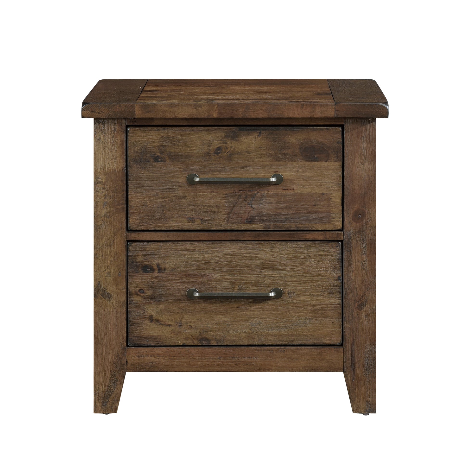 Rustic brown wood twodrawer nightstand with brushed nickel handles