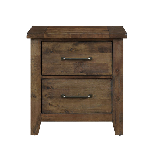 Rustic brown wood twodrawer nightstand with brushed nickel handles
