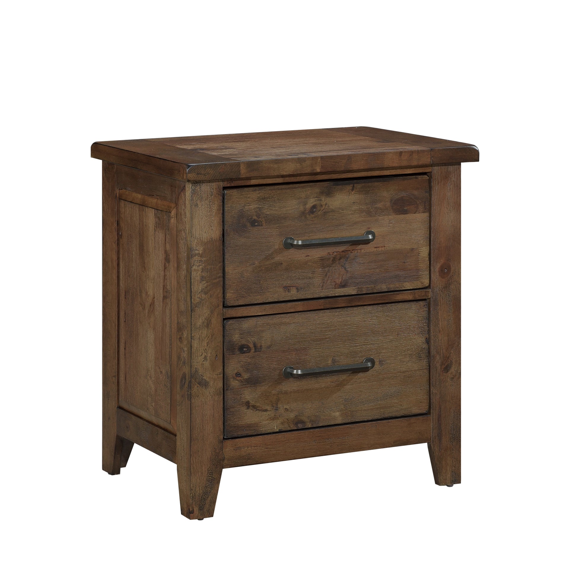 Rustic brown wood nightstand with two drawers and metal handles