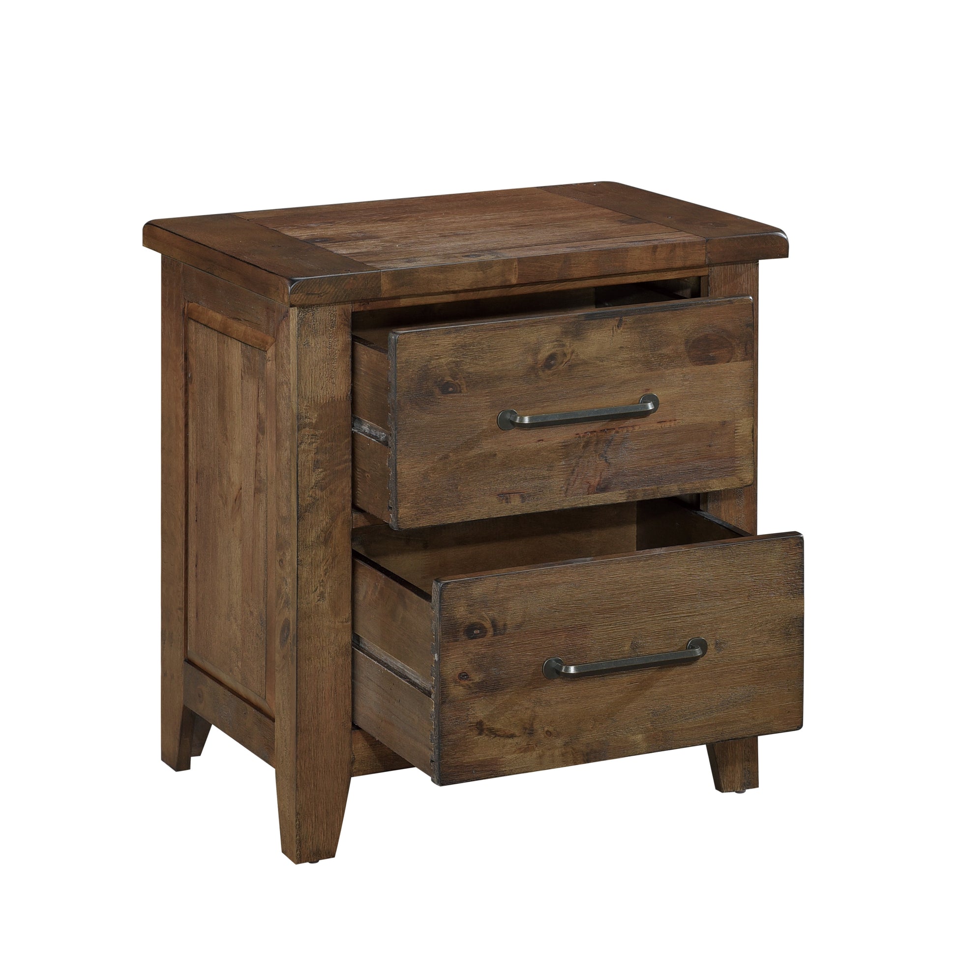 Rustic brown wooden nightstand with two open drawers and dark metal hardware