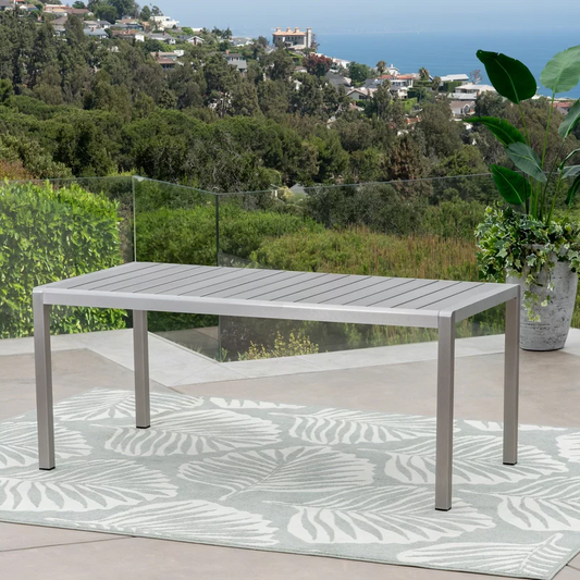 Modern silver aluminum patio dining table with slatted top