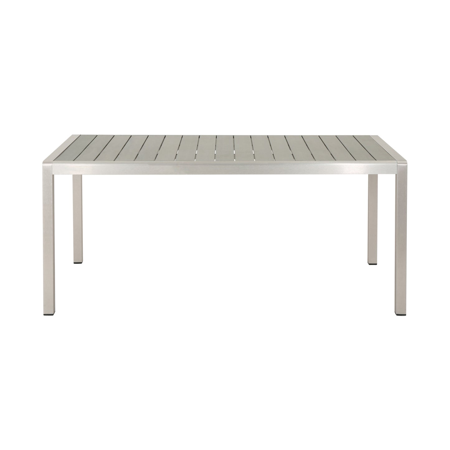Modern rectangular outdoor dining table with brushed aluminum frame and grey slat top