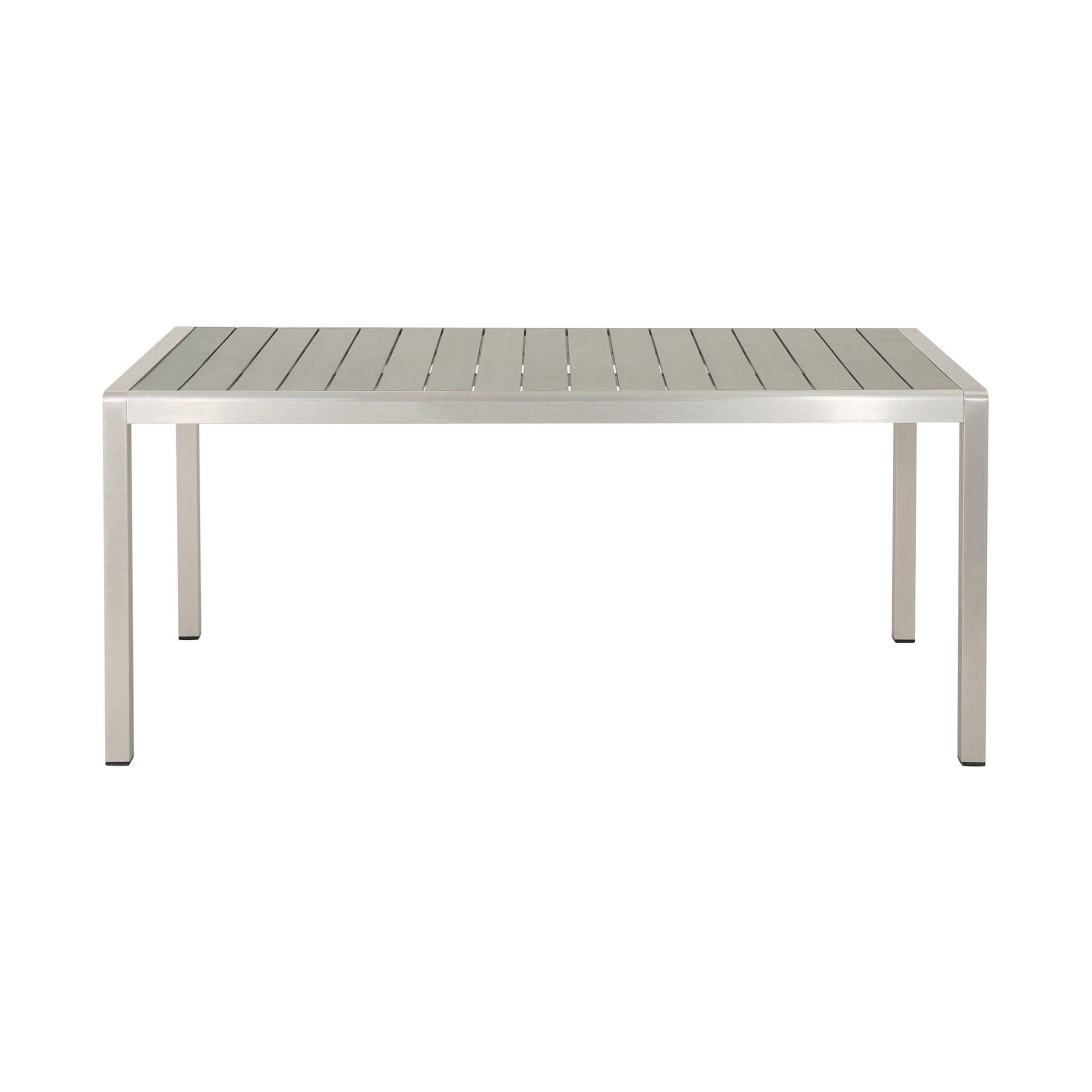 Modern rectangular outdoor dining table with brushed aluminum frame and grey slat top