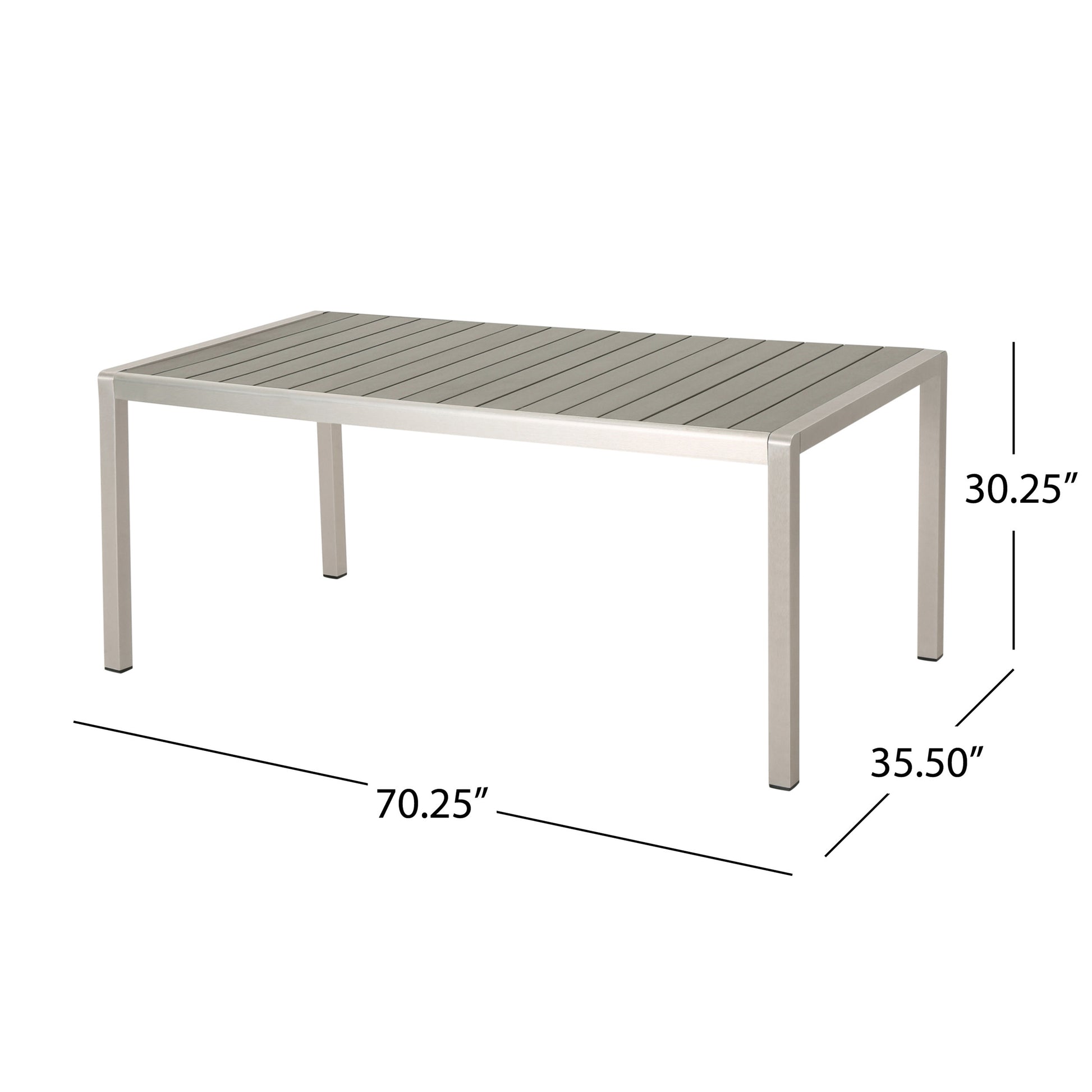 Modern rectangular outdoor dining table with brushed aluminum frame and grey slatted top