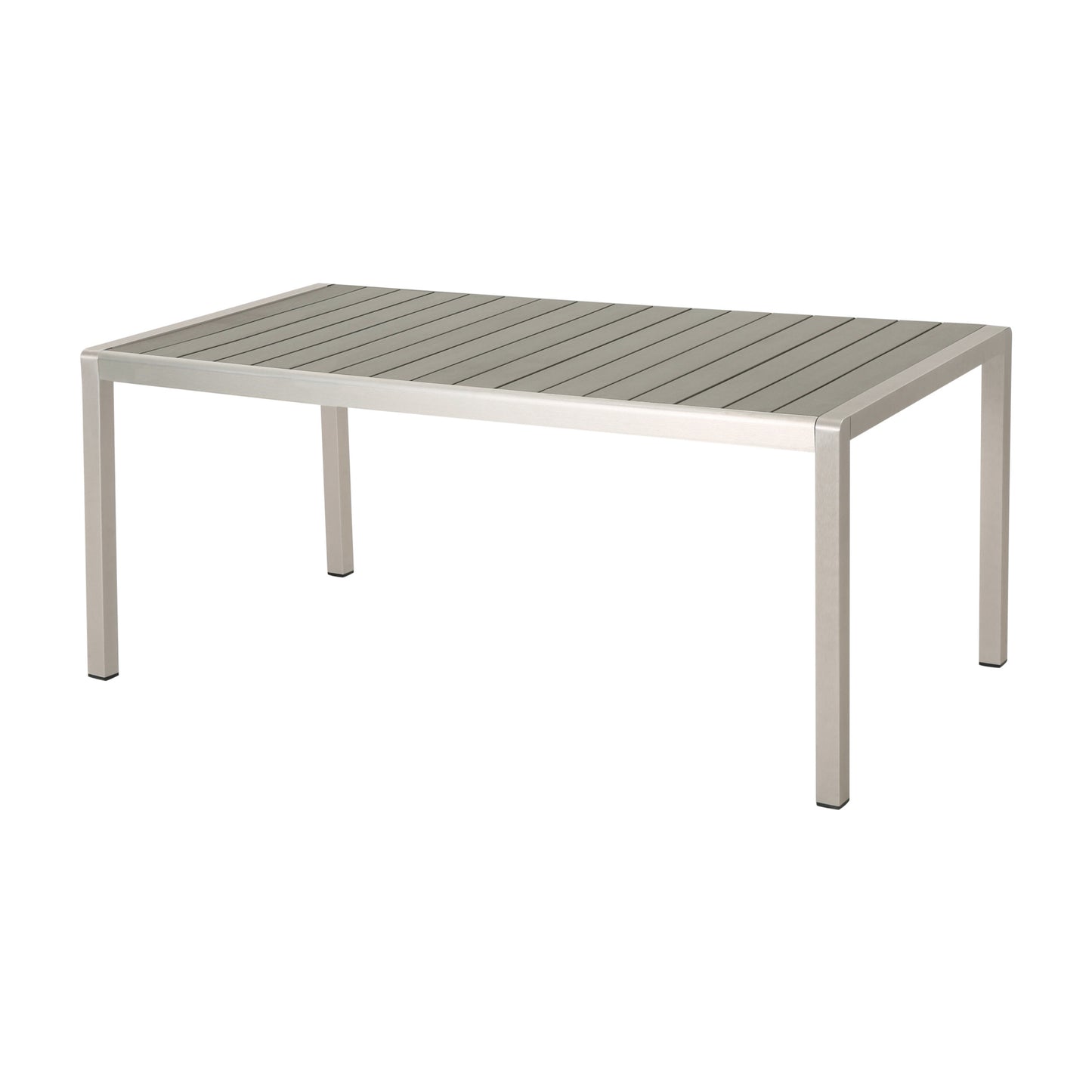 Modern outdoor dining table with aluminum frame and grey slatted tabletop