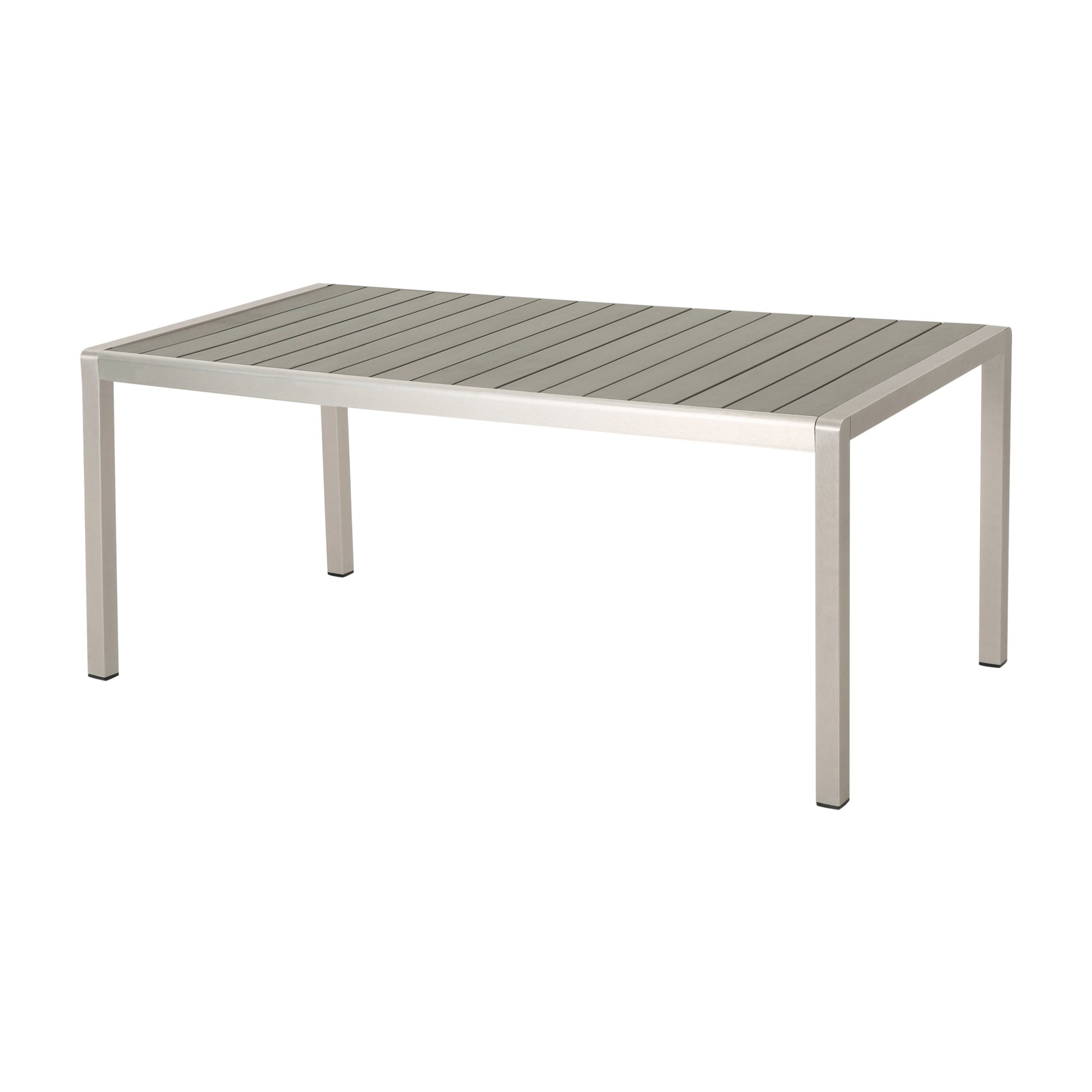 Modern outdoor dining table with aluminum frame and grey slatted tabletop