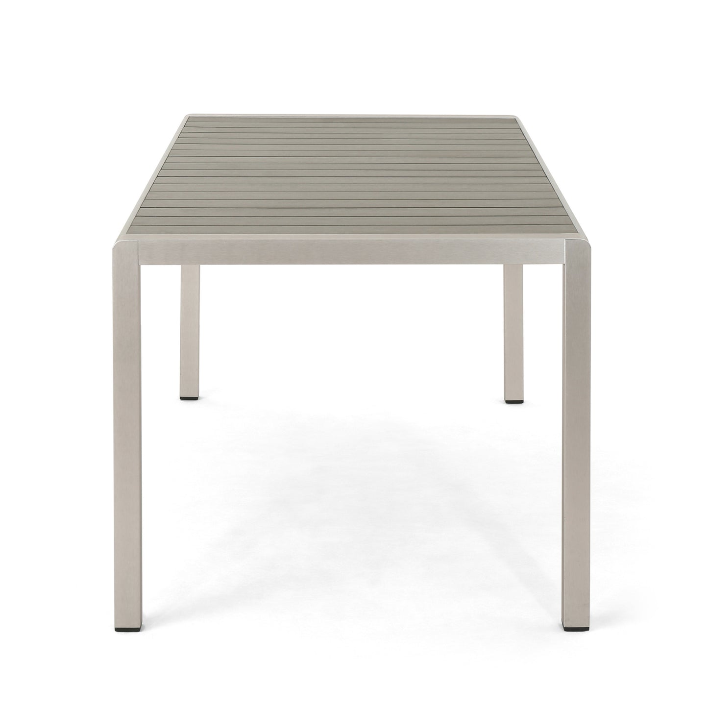 Modern gray slatted rectangular dining table with brushed aluminum frame
