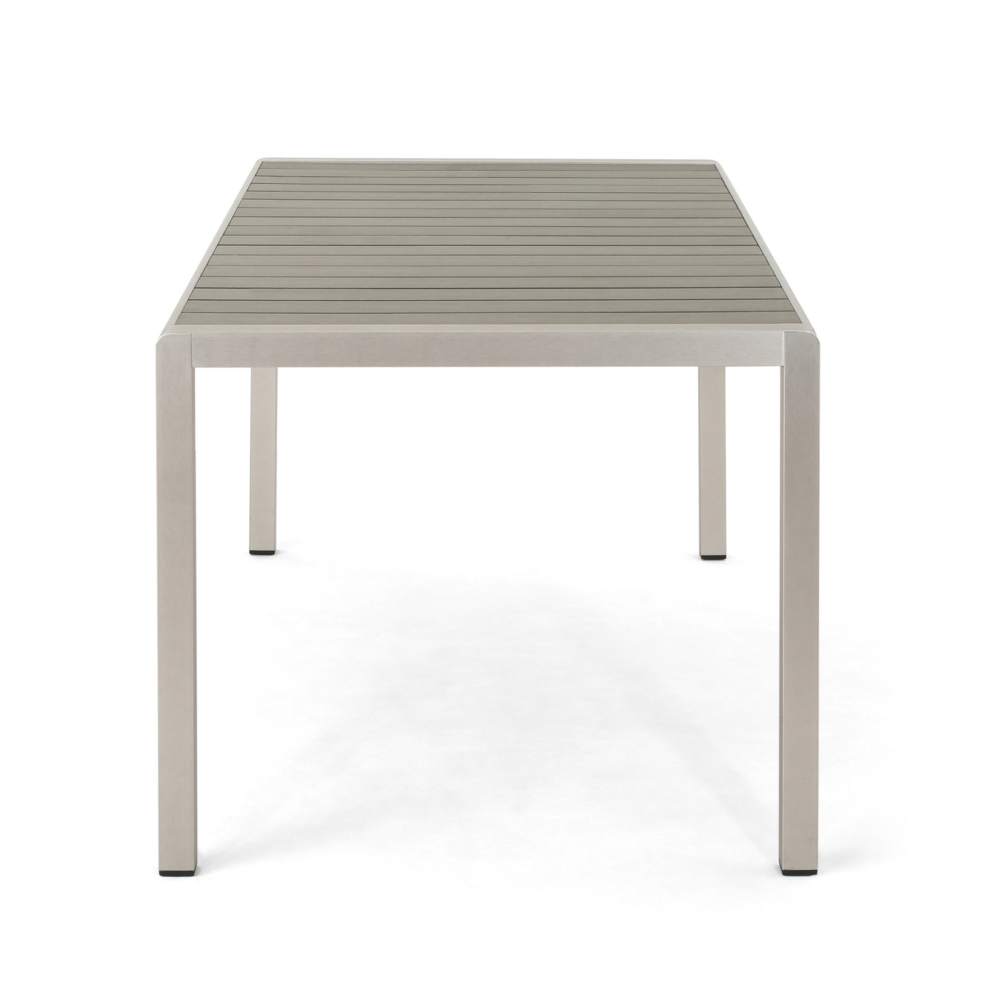 Modern gray slatted rectangular dining table with brushed aluminum frame