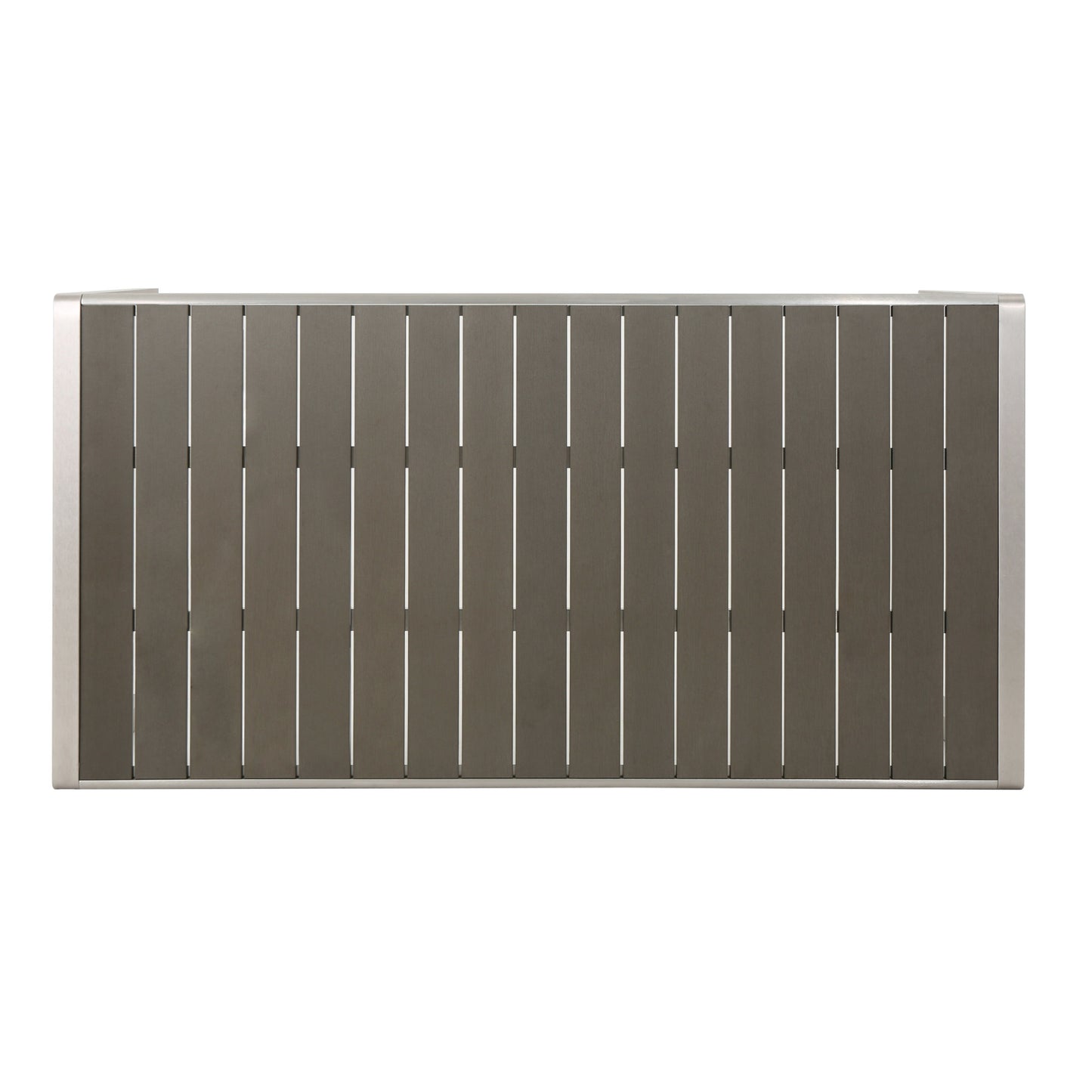 Taupe slat panel outdoor furniture section with brushed aluminum frame