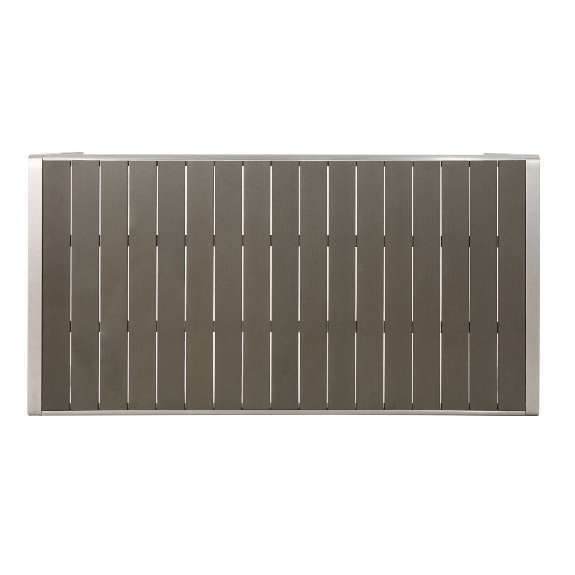 Taupe slat panel outdoor furniture section with brushed aluminum frame