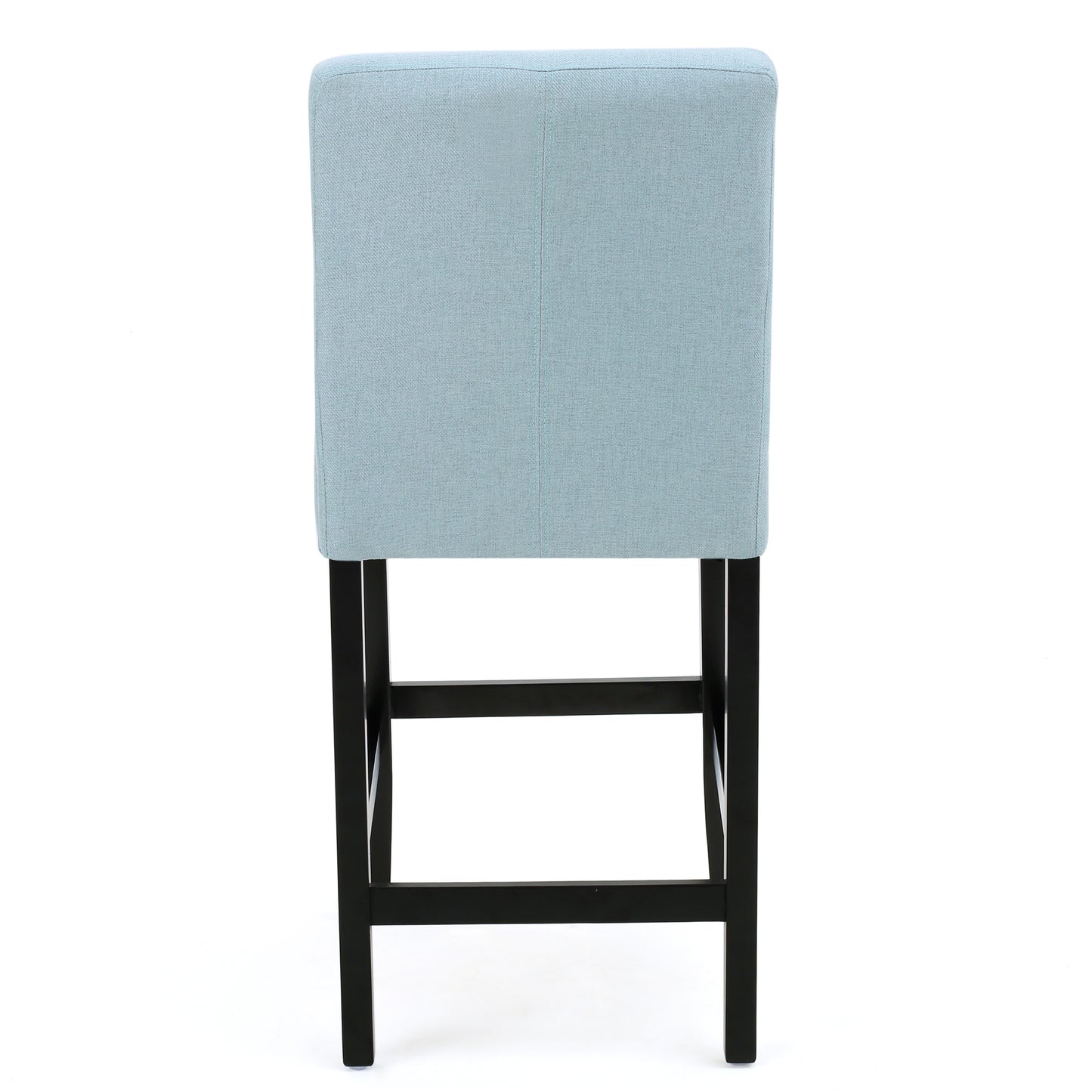 Light blue fabric bar stool with black wooden legs and footrest